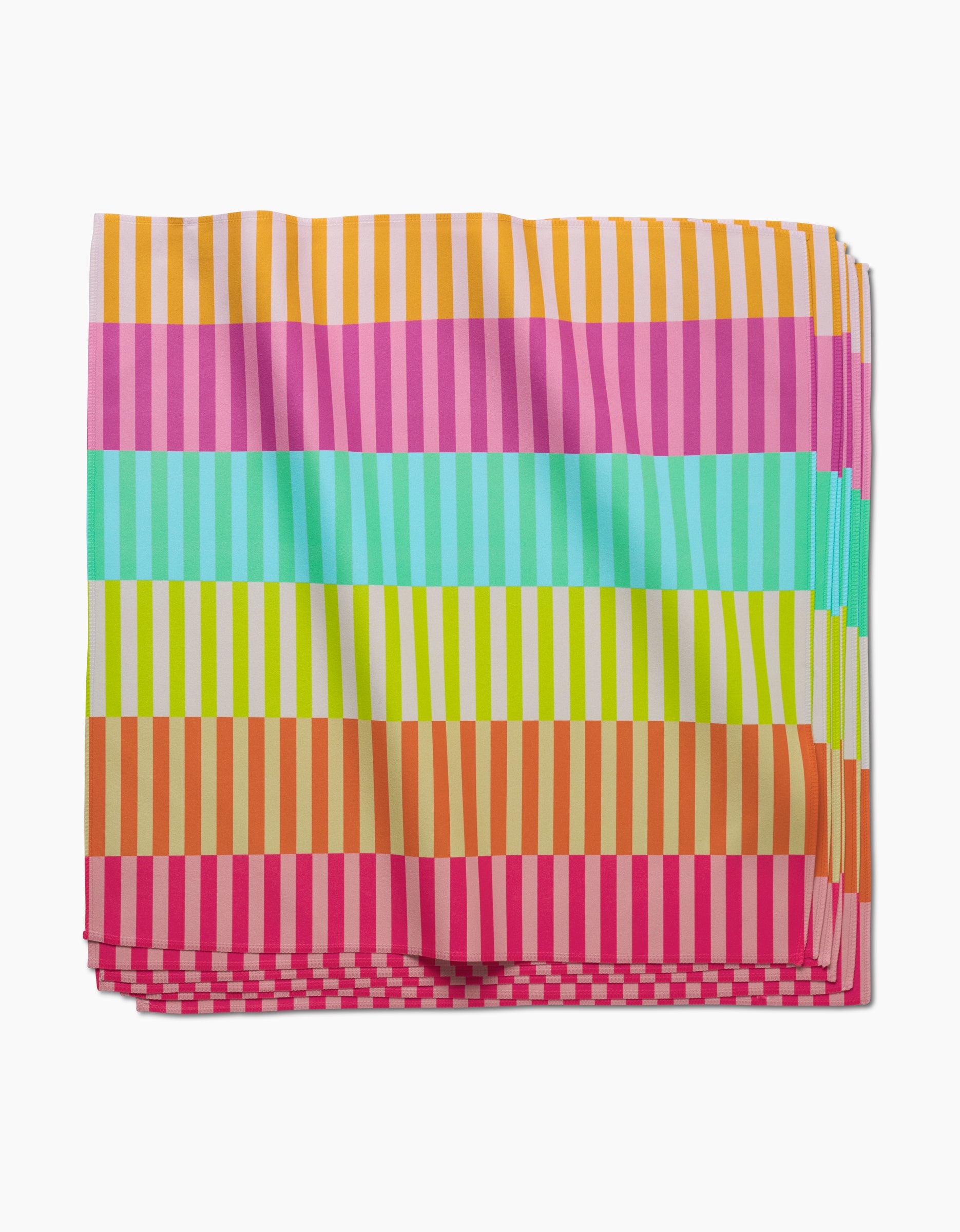 The Neon Nights dinner napkin by GEOMETRY features horizontal stripes in orange, pink, teal, green, and red with alternating thin and thick vertical lines. Made from soft Geosuede fabric.