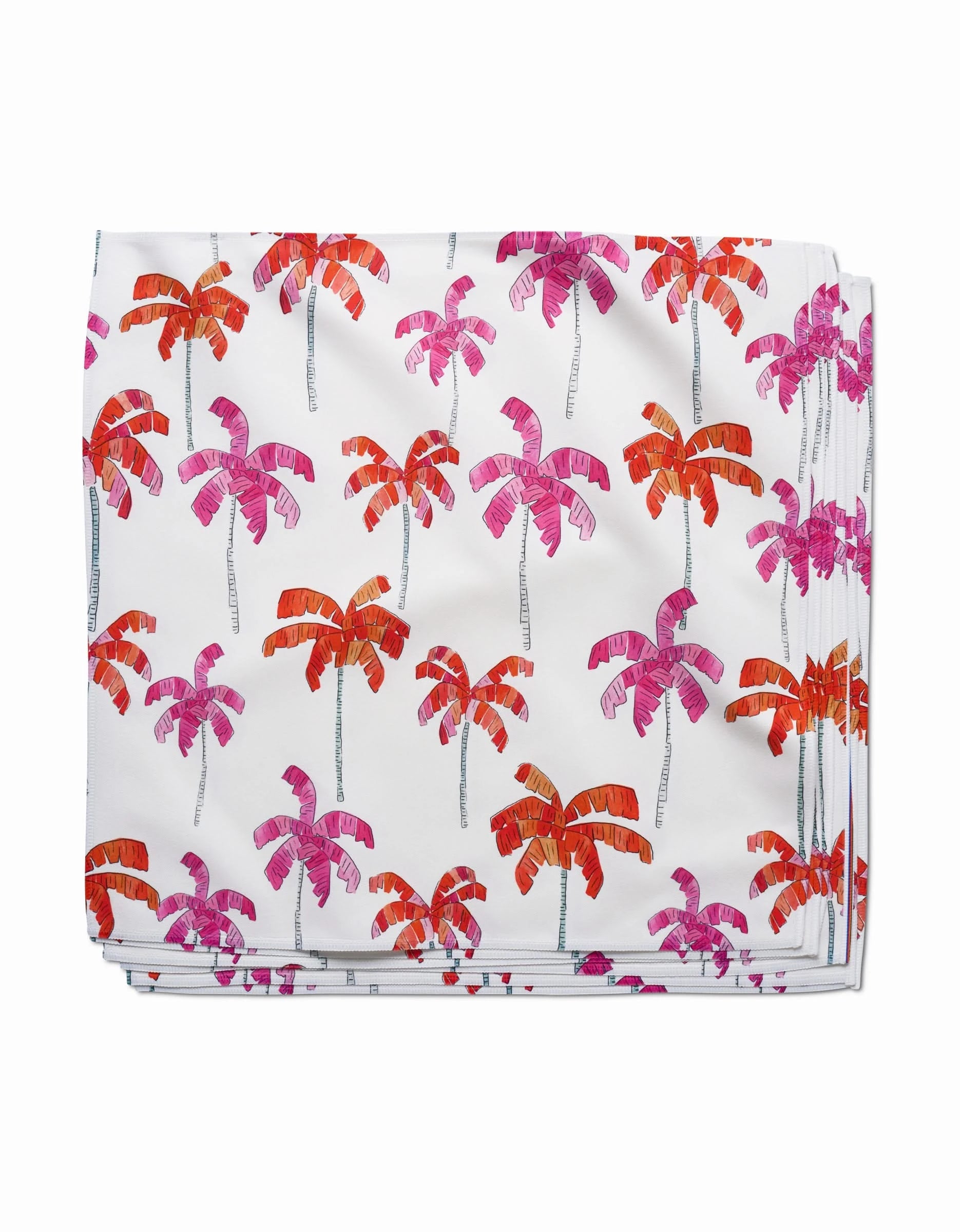 The Pink Palms dinner napkin by GEOMETRY is crafted from recycled Geosuede fabric, featuring a white base with a repeating pattern of red, orange, and pink palm trees with fine black trunks for sustainable style.