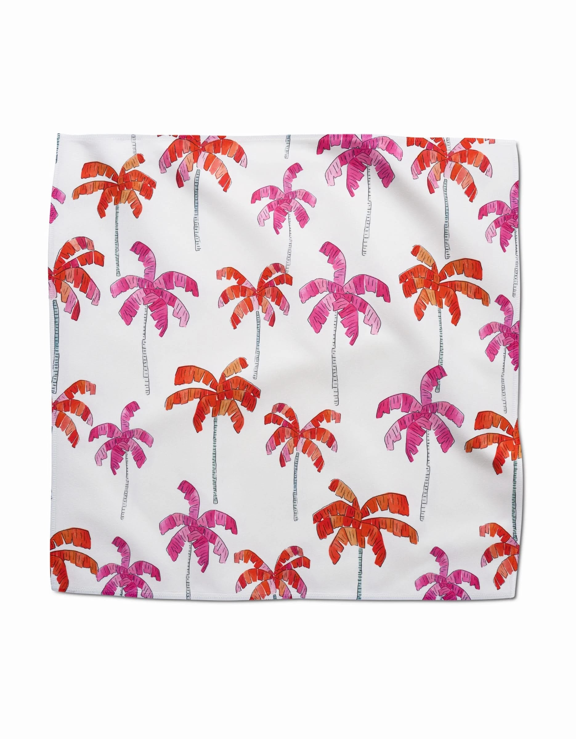 The Pink Palms blanket by GEOMETRY is white, made from recycled materials, and features rows of pink and orange palm trees with slender gray trunks and vibrant fronds.