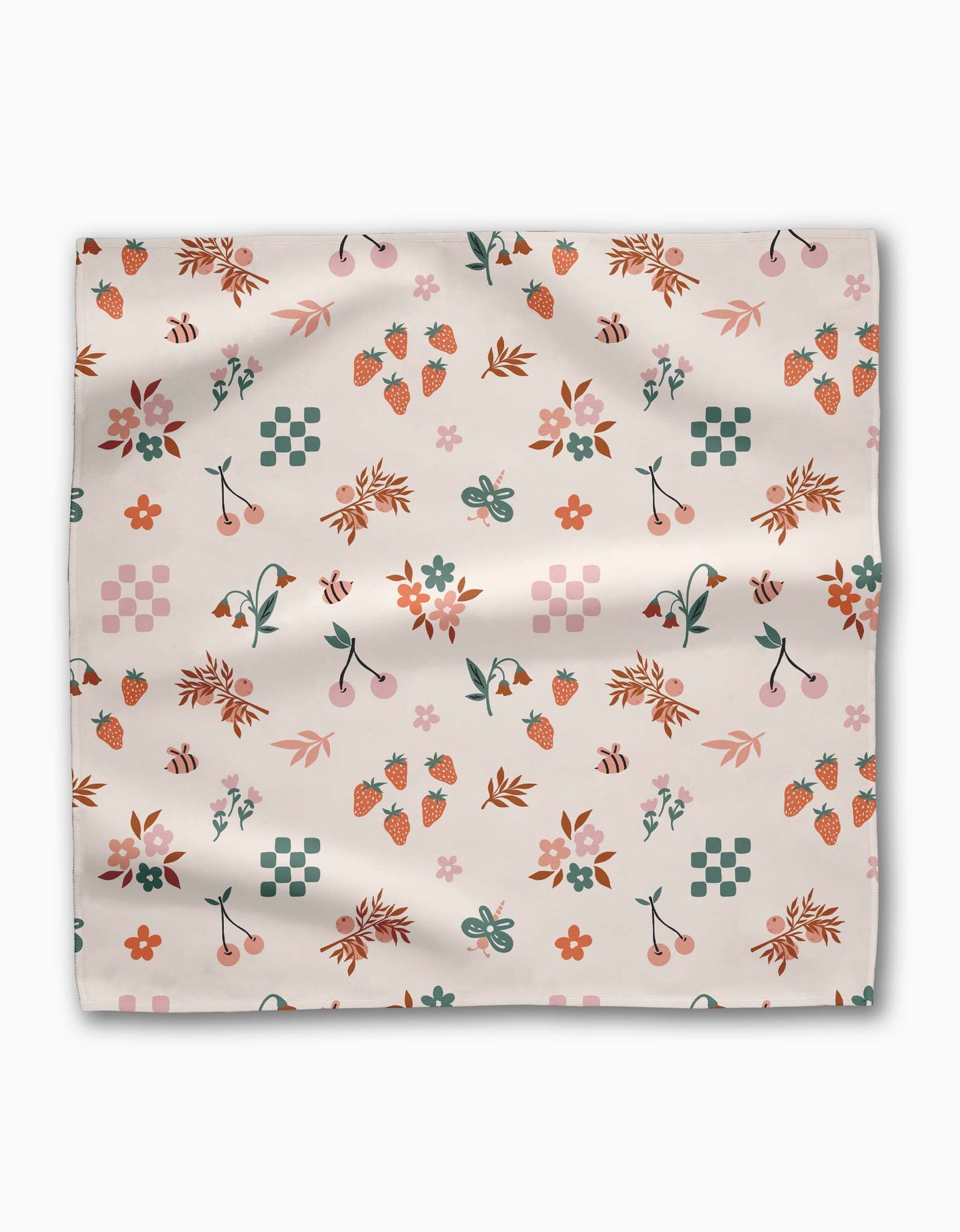 The Russet Meadow square scarf by Charlie Rowan Designs features a cream background with strawberries, cherries, bees, florals, leaves, and pink geometric shapes in red, orange, green, and pink on soft Geosuede fabric.