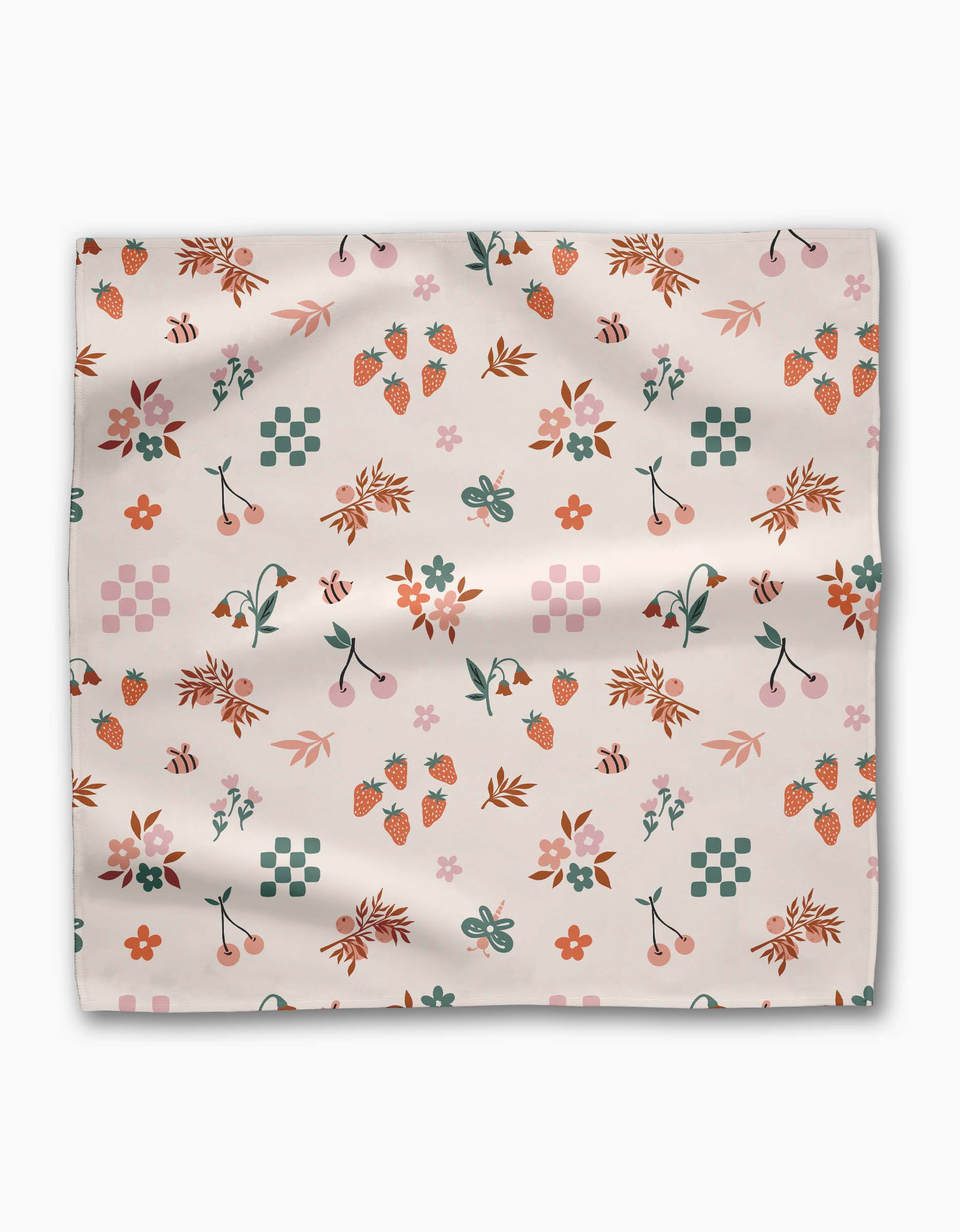 The Russet Meadow square scarf by Charlie Rowan Designs features a cream background with strawberries, cherries, bees, florals, leaves, and pink geometric shapes in red, orange, green, and pink on soft Geosuede fabric.