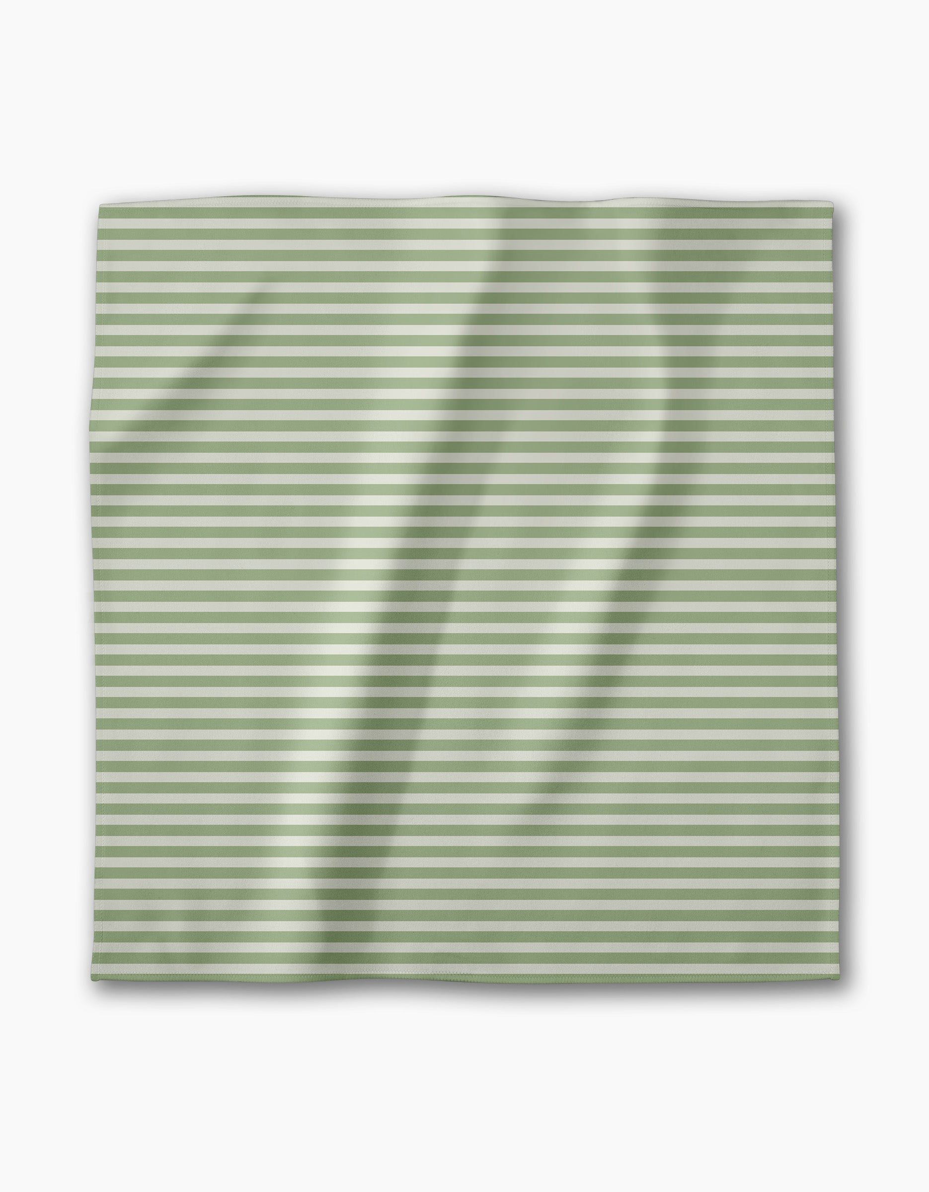 A square piece of Geometrys Seagrass Geosuede fabric with horizontal light green and white stripes, slightly wrinkled, shown on a white background.