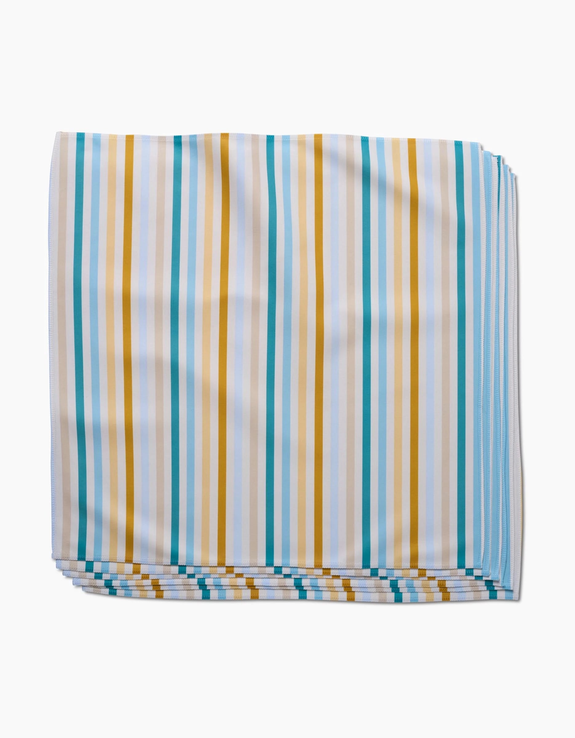 The GEOMETRY Seaside Sunshine Dinner Napkin, crafted from soft Geosuede, features vertical stripes in yellow, teal, and light blue on white and is displayed against a plain white surface.