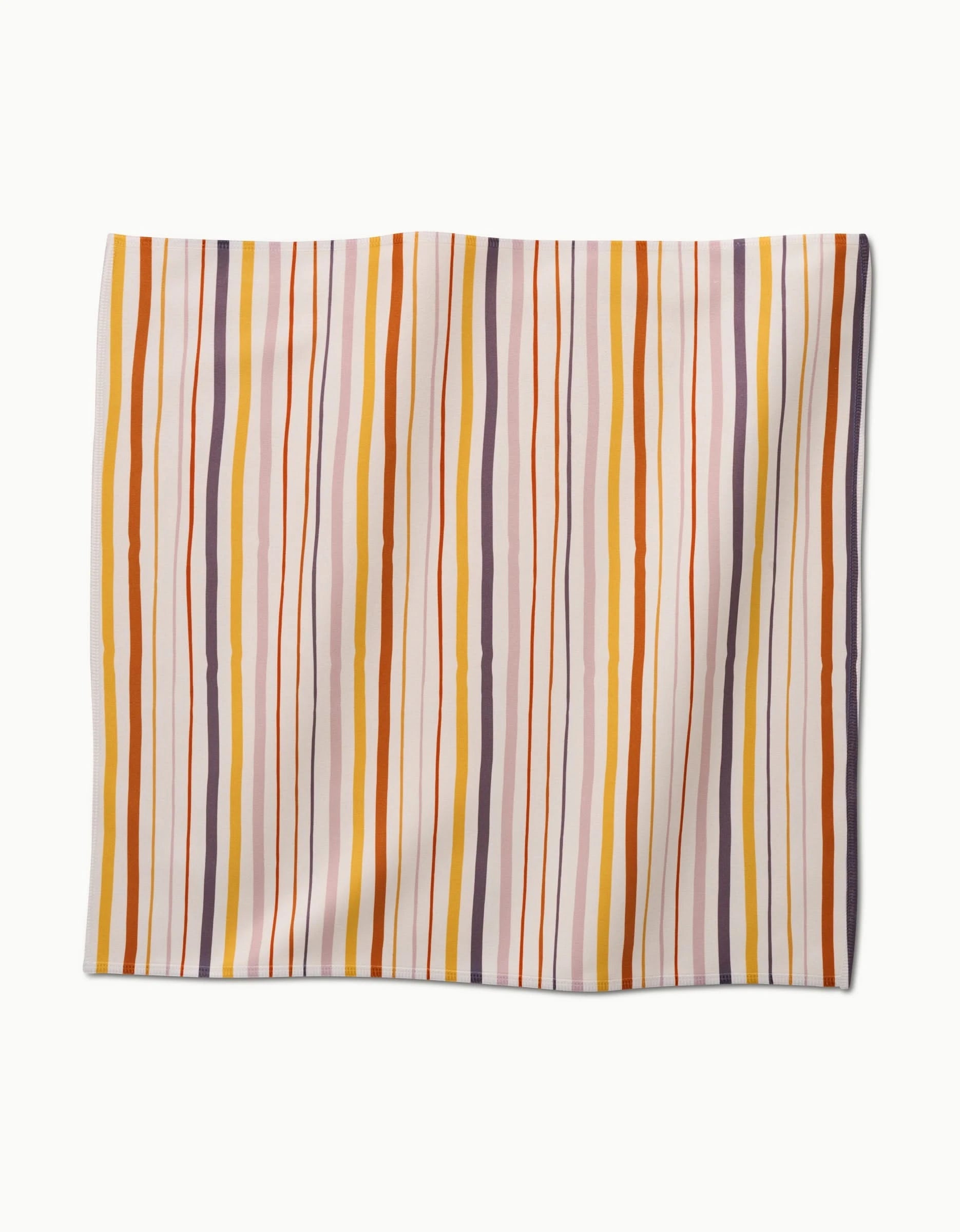 Stripe Season by GEOMETRY is a recycled fabric featuring vertical wavy stripes in orange, yellow, purple, and brown on white—ideal for stylish dinner napkins.