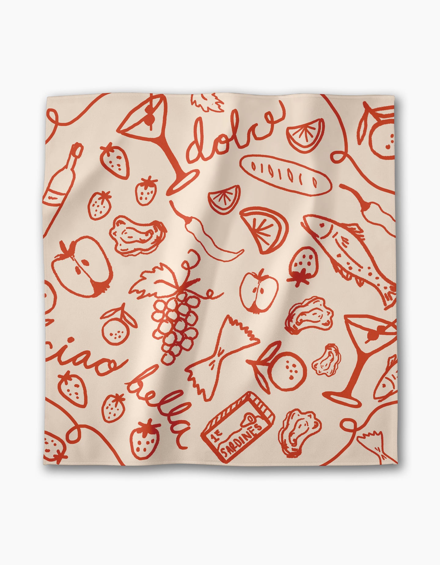The Summer Air Dinner Napkin Set by Geometry features beige square napkins with red Italian food and drink line drawings and playful words like “dolce” and “ciao bella,” crafted from eco-friendly materials.