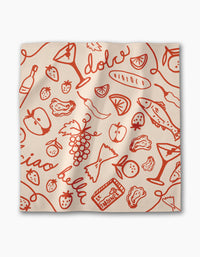 The Summer Air Dinner Napkin Set by Geometry features beige square napkins with red Italian food and drink line drawings and playful words like “dolce” and “ciao bella,” crafted from eco-friendly materials.
