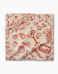 The Summer Air Dinner Napkin Set by Geometry features red food line drawings and Italian words, made from eco-friendly materials for a stylish, sustainable table setting.