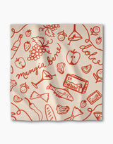 The Geometry Summer Air Dinner Napkin Set features beige napkins with red Italian food illustrations and cursive phrases mangia bene and dolce, crafted from recycled materials for an eco-friendly touch.