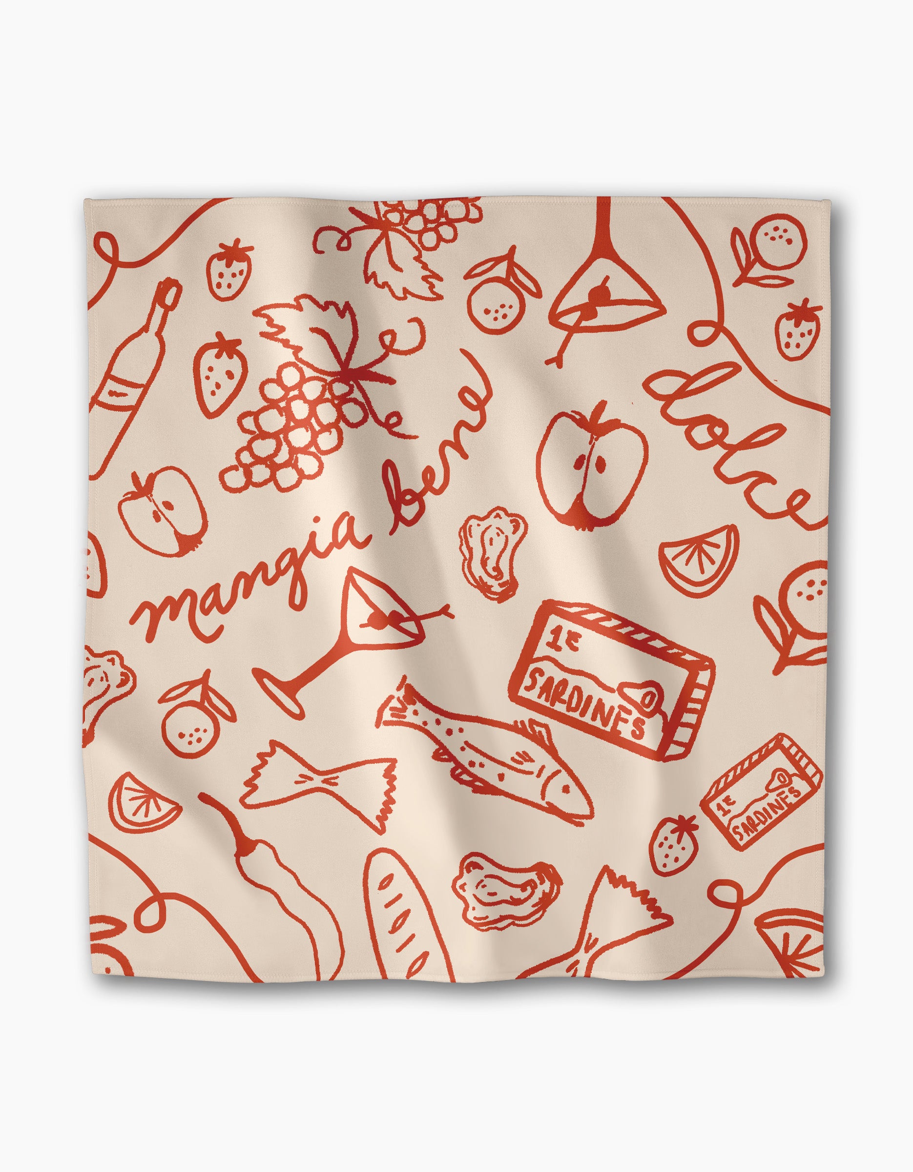 The Geometry Summer Air Dinner Napkin Set features beige napkins with red Italian food illustrations and cursive phrases mangia bene and dolce, crafted from recycled materials for an eco-friendly touch.