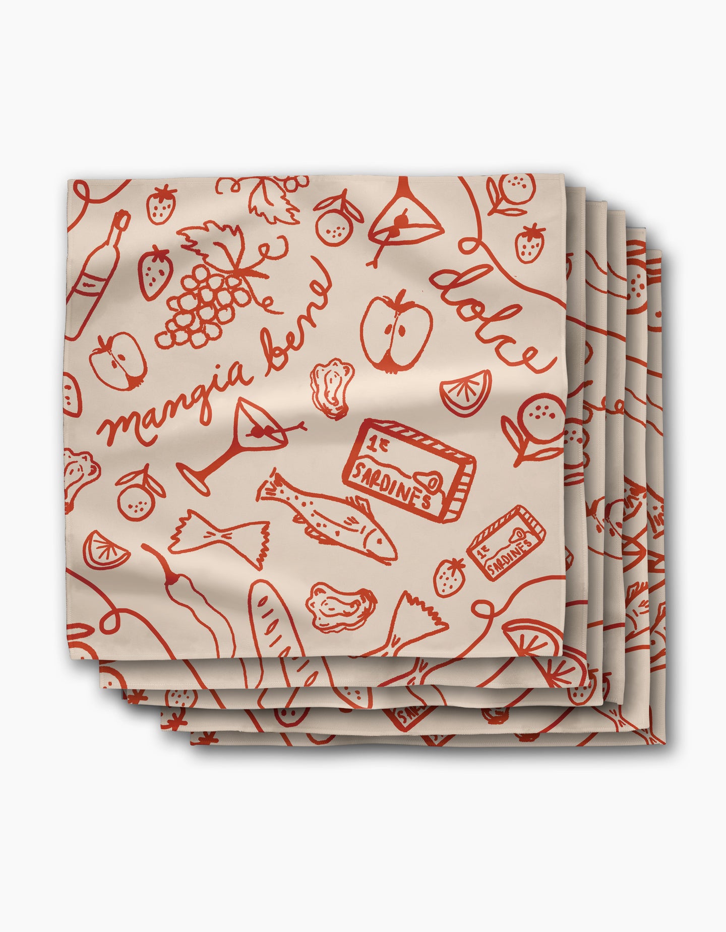 The Geometry Summer Air Dinner Napkin Set features eco-friendly napkins with red Italian food illustrations—fish, fruit, wine, cheese, and sardine cans—and words like mangia bene and dolce on a cream background.