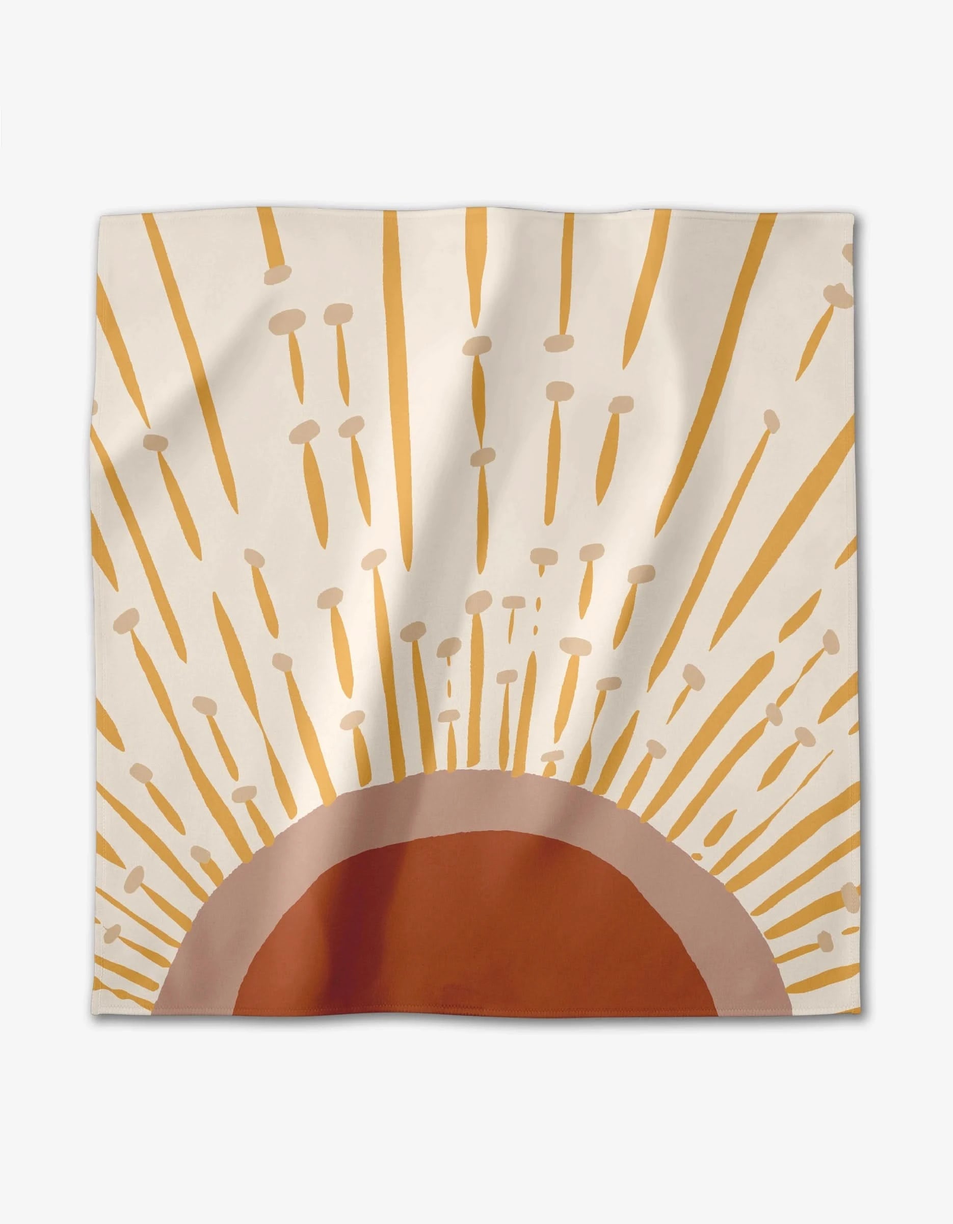 Sunny Stripes by GEOMETRY features a minimalist rising sun with orange, brown, and gold rays on cream. This modern, abstract design is printed on soft Geosuede fabric for our Dinner Napkin Set made from recycled materials.