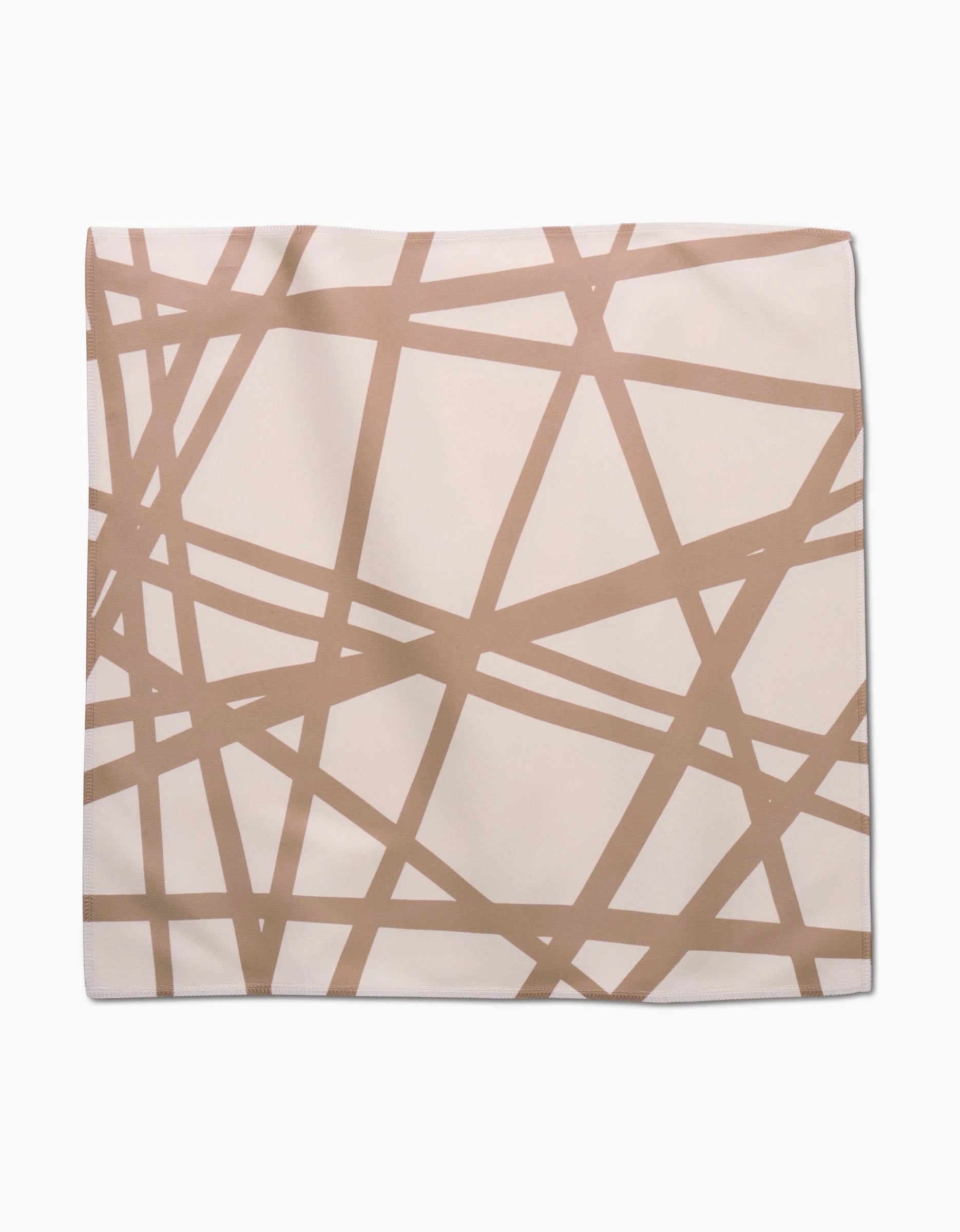The Sunny Stripes by GEOMETRY is a square Geosuede fabric in beige, showcasing an abstract pattern of intersecting thin brown lines that create irregular geometric shapes.