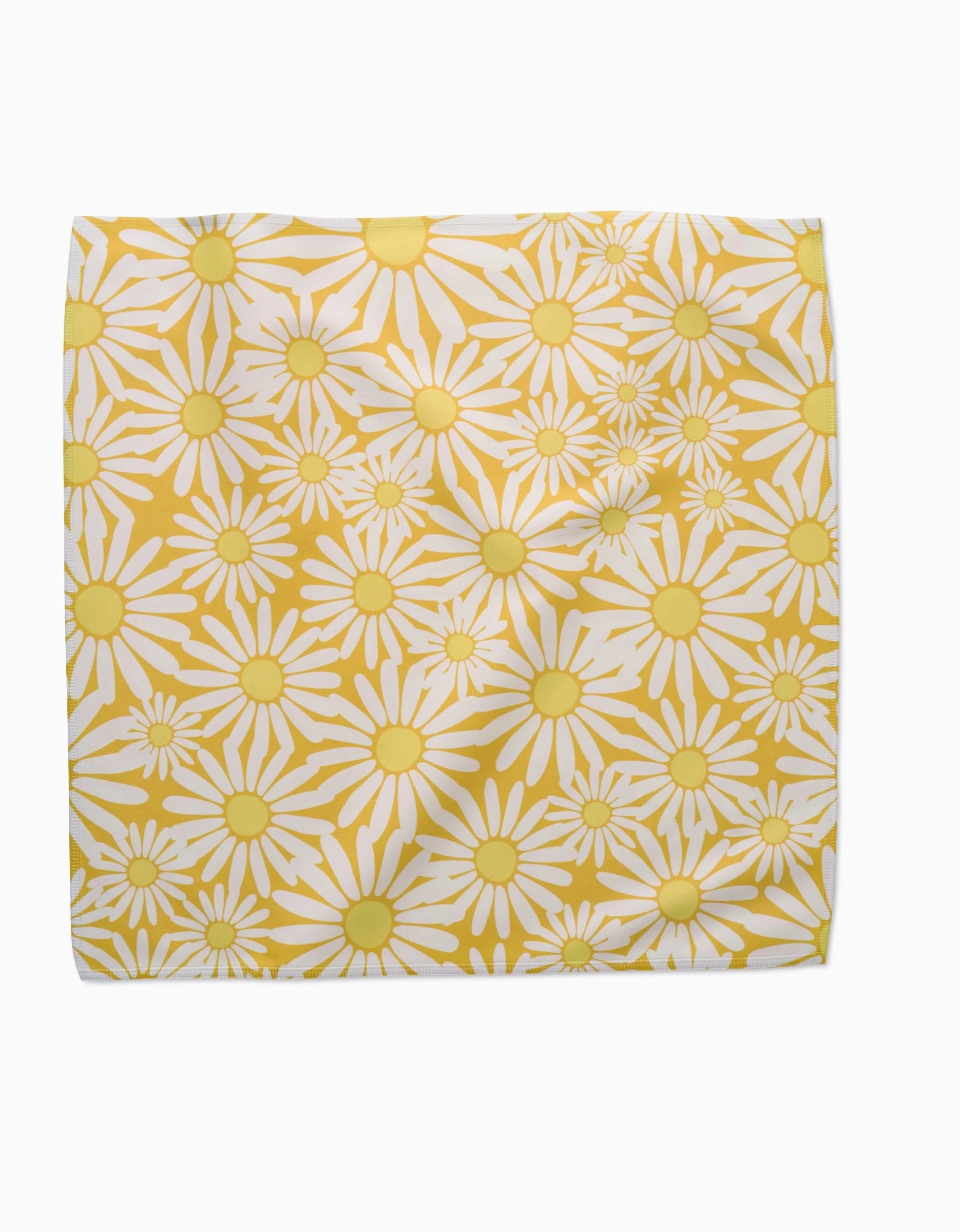 The Sunshine Meadow Dinner Napkin Set by Rebecca Bobko features yellow Geosuede fabric adorned with a repeating pattern of white daisies with yellow centers, creating a bright and cheerful floral look.