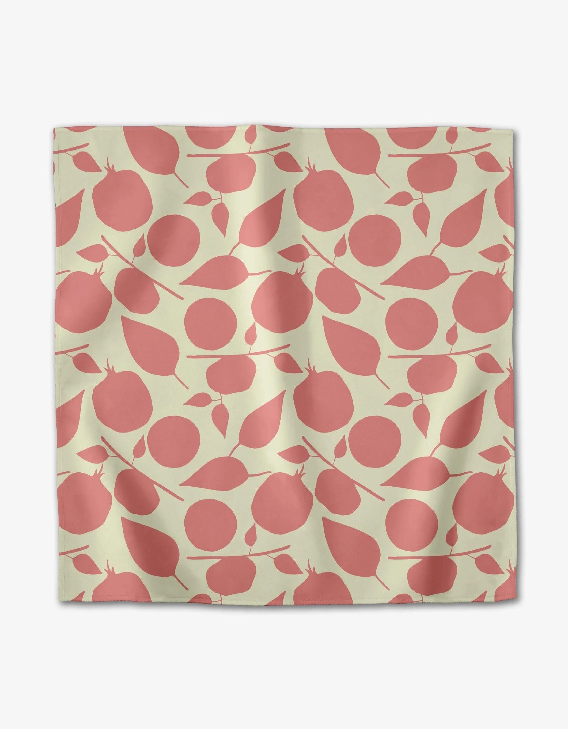 The Tropical Fruit dinner napkin set by Lizzie Clark features pink abstract pomegranates and leaves on light beige Geosuede fabric with natural creases from recycled materials.