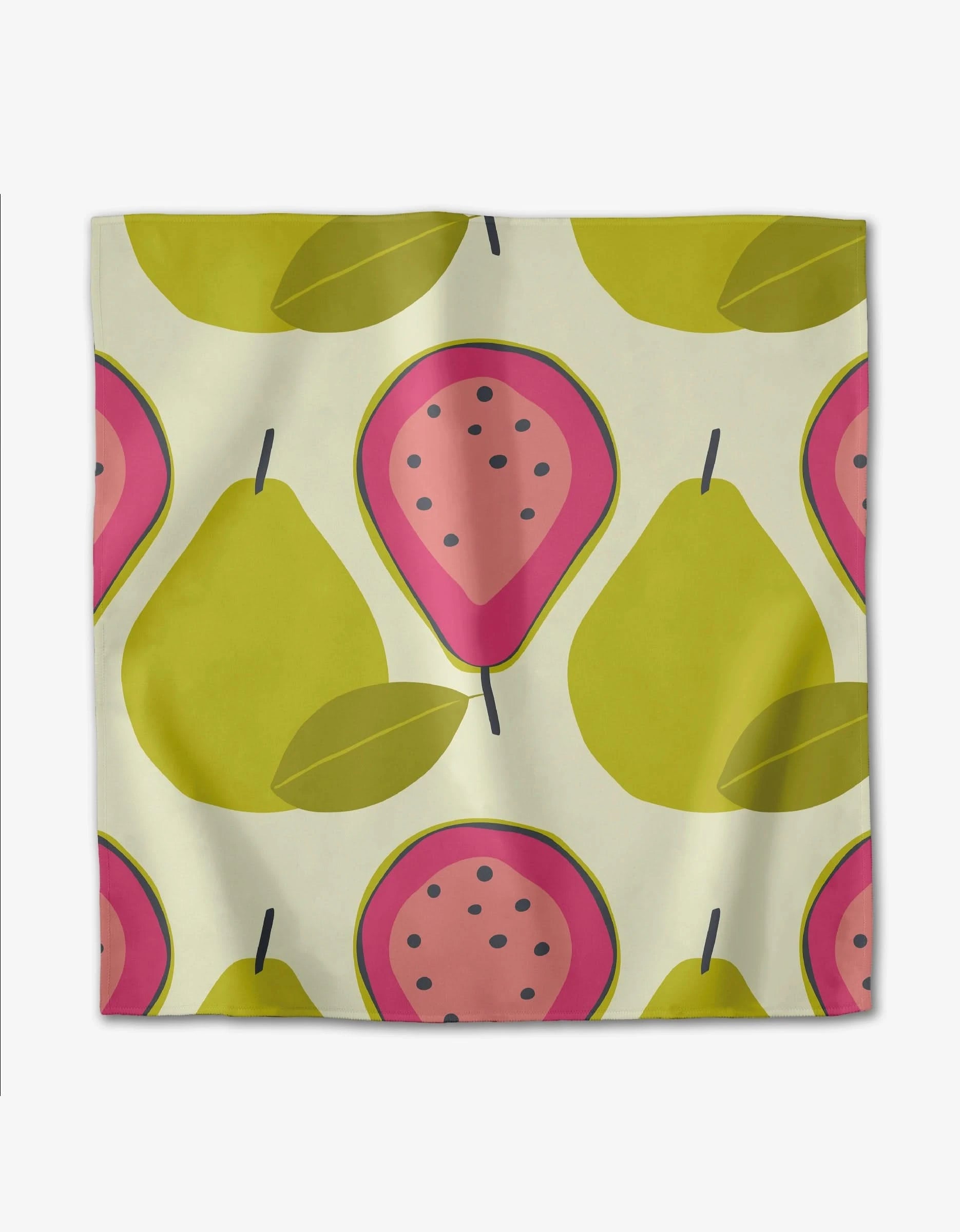 The Lizzie Clark Tropical Fruit napkin set features a square, recycled cloth with an off-white background and a repeating pattern of whole yellow-green pears and halved pink guavas with black seeds.