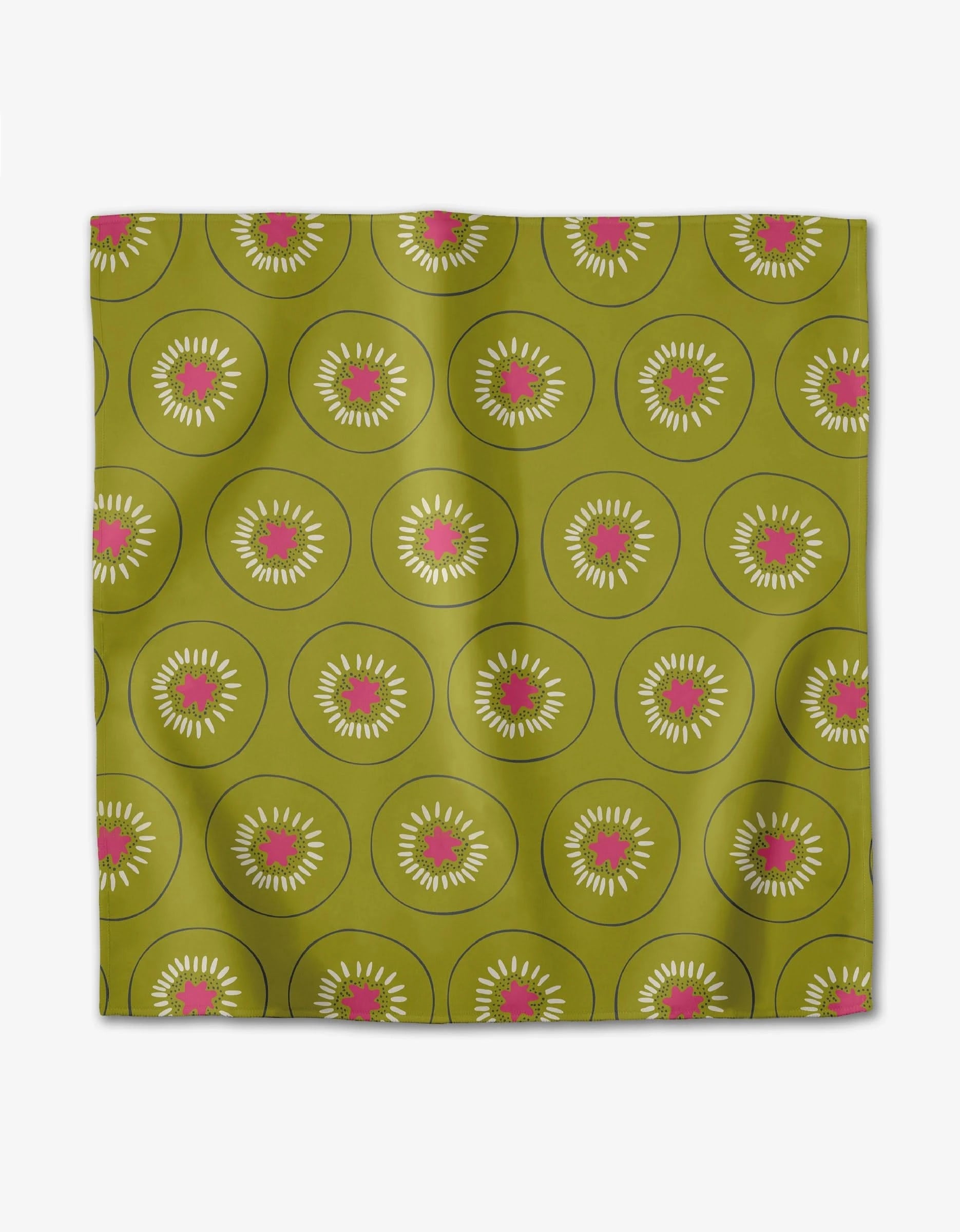 The Tropical Fruit scarf by Lizzie Clark is a green Geosuede square featuring a repeating kiwi slice pattern with white seeds and pink centers on an olive background, crafted from recycled materials.