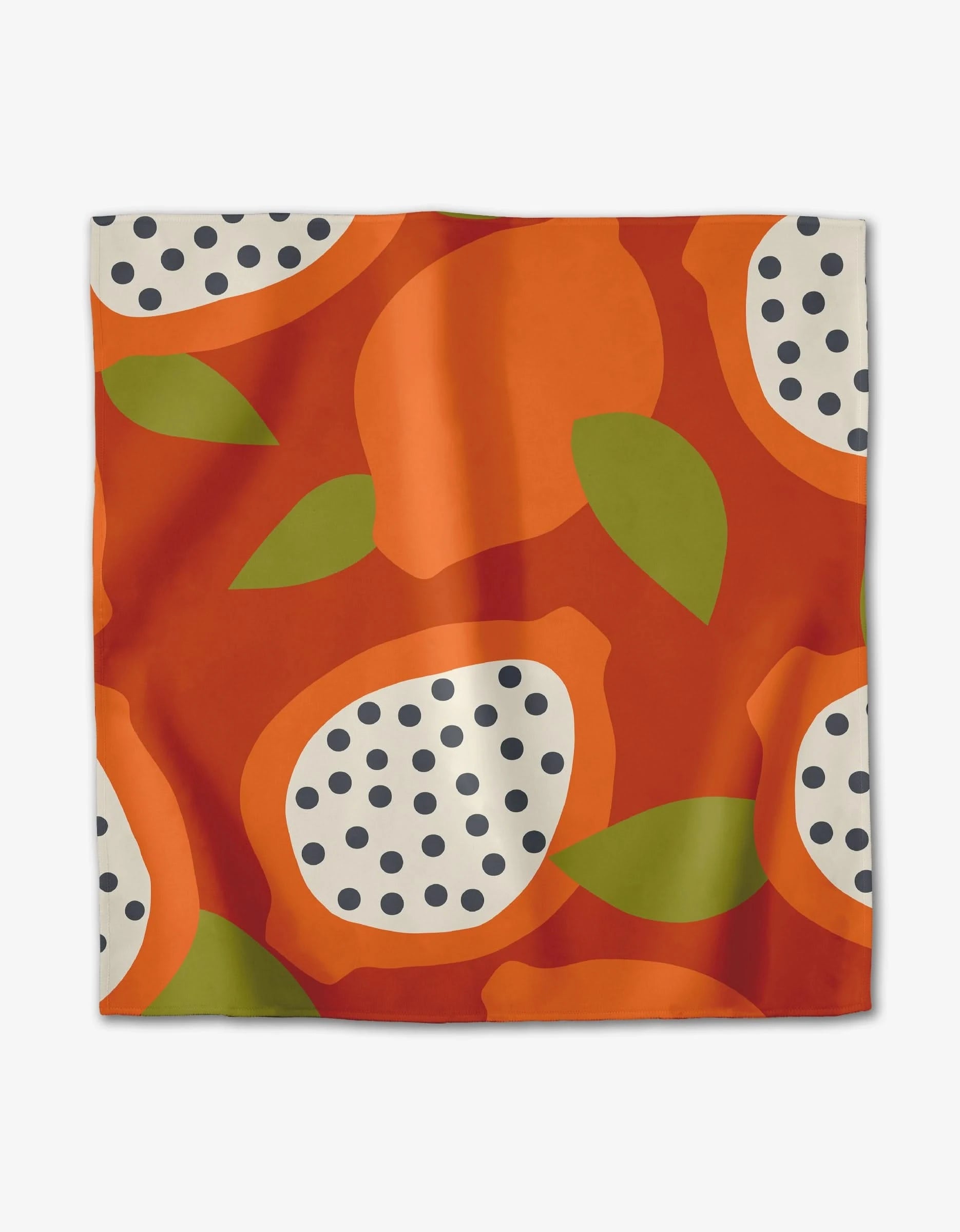 The Tropical Fruit square scarf by Lizzie Clark is made from recycled materials and showcases a bold abstract fruit print in orange, green, and cream with black dots and leaf motifs on a white background.