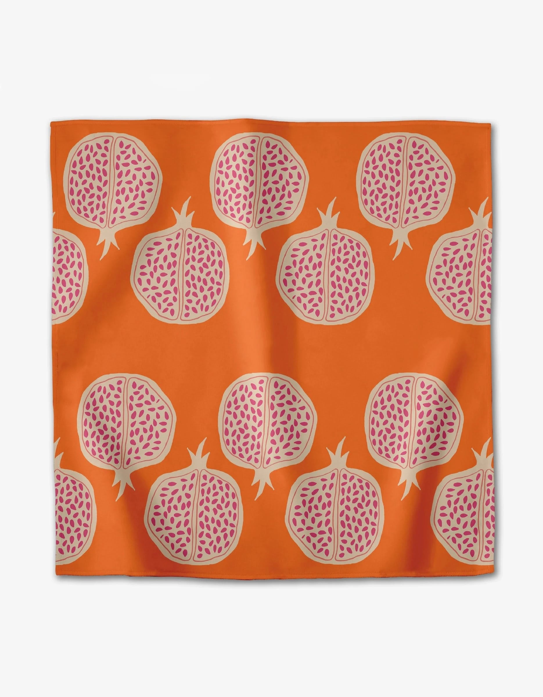 The Tropical Fruit square orange cloth napkin by Lizzie Clark features a repeating pattern of stylized, sliced pomegranates with pink seeds and beige outlines. Made from recycled Geosuede fabric with a slightly wrinkled texture.