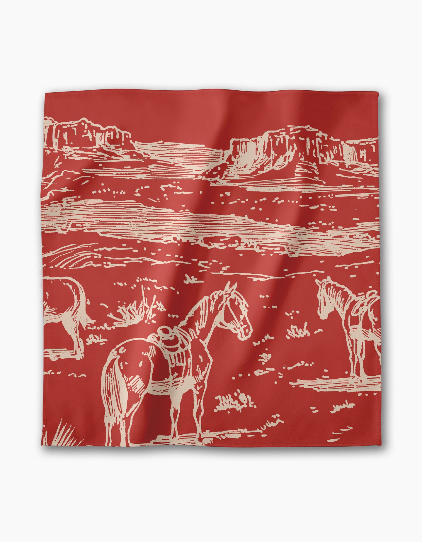 The Geometry Western Scene bandana features a red background with a cream line drawing of three saddled horses in a desert landscape with mesas—great to pair with eco-friendly or recycled dinner napkins.