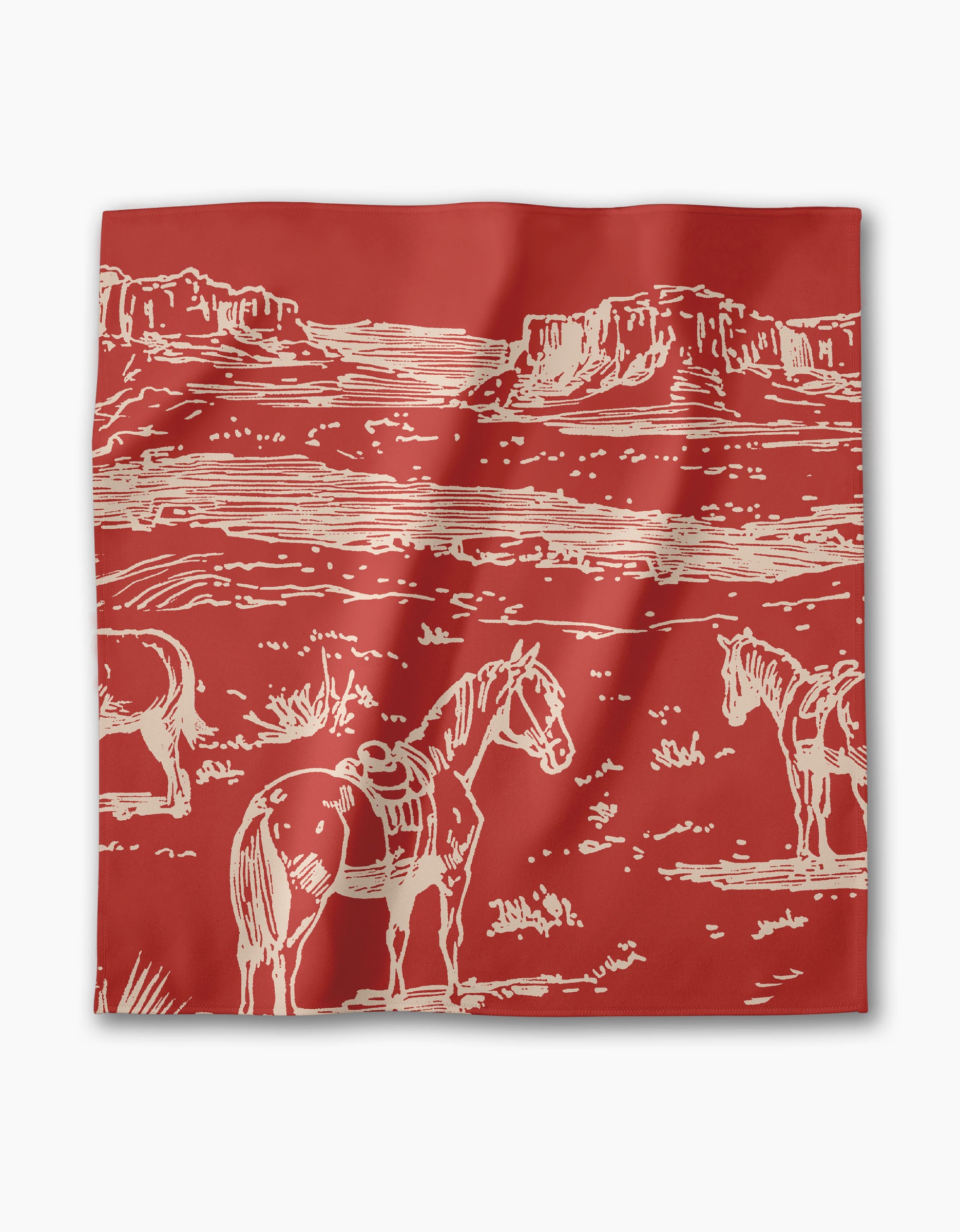 The Geometry Western Scene bandana features a red background with a cream line drawing of three saddled horses in a desert landscape with mesas—great to pair with eco-friendly or recycled dinner napkins.