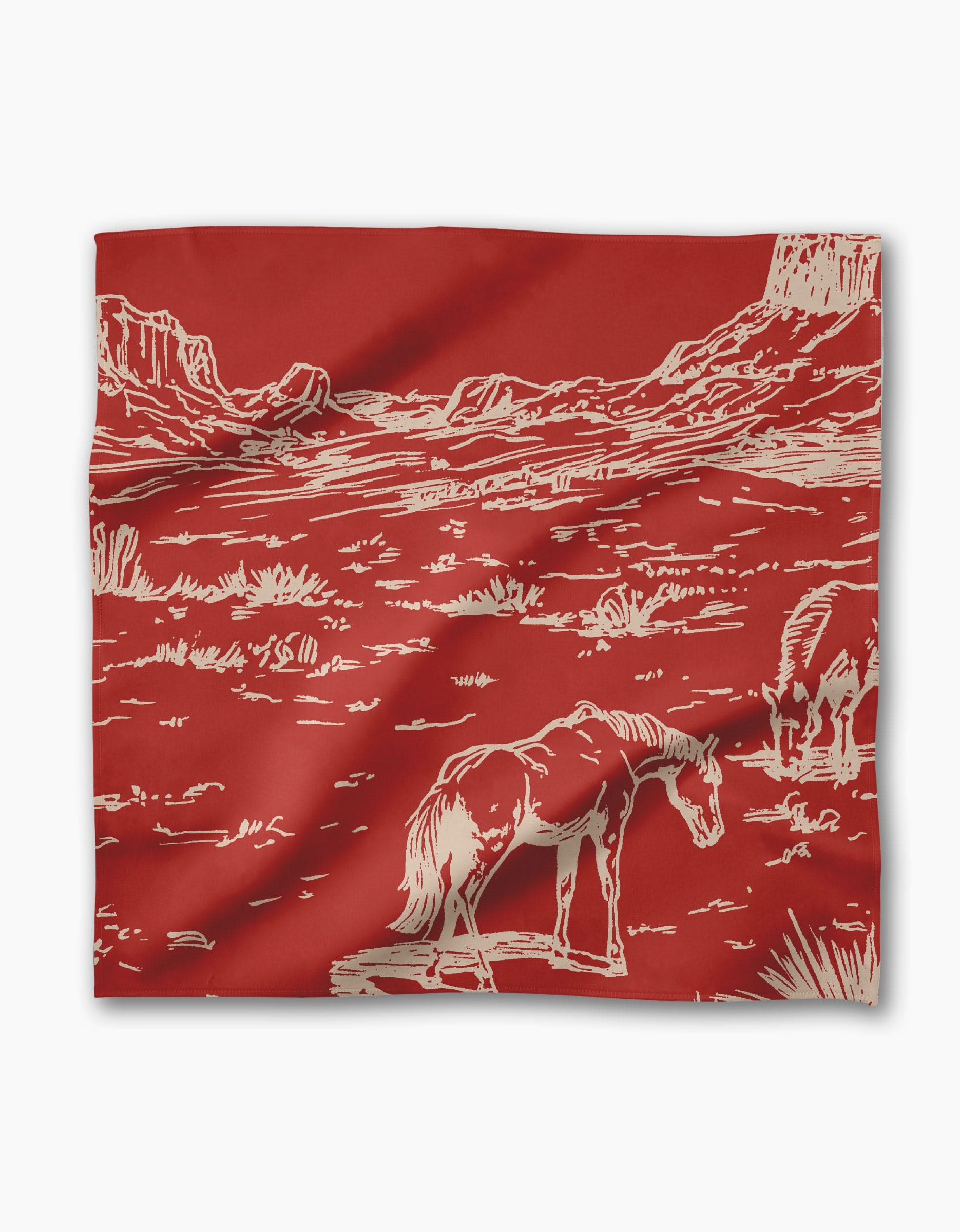 Geometrys Western Scene bandana features white line art of horses grazing in a desert with mesas and buttes—perfect as eco-friendly napkins or to add a unique touch to your Dinner Napkin Set.
