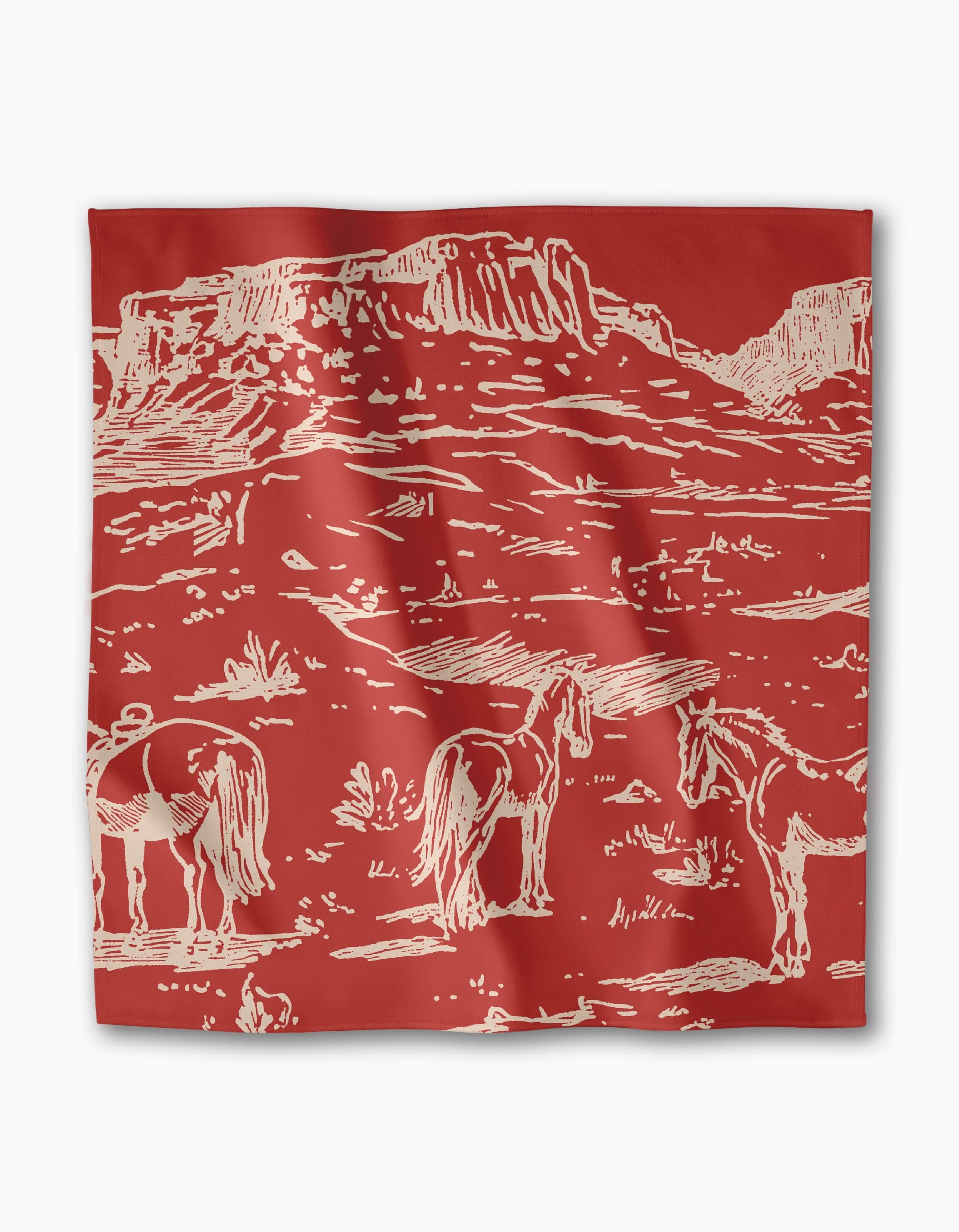 The Western Scene bandana by Geometry features a cream illustration of two horses in a desert landscape, making it a stylish, eco-friendly accent for your recycled dinner napkins collection or table setting.