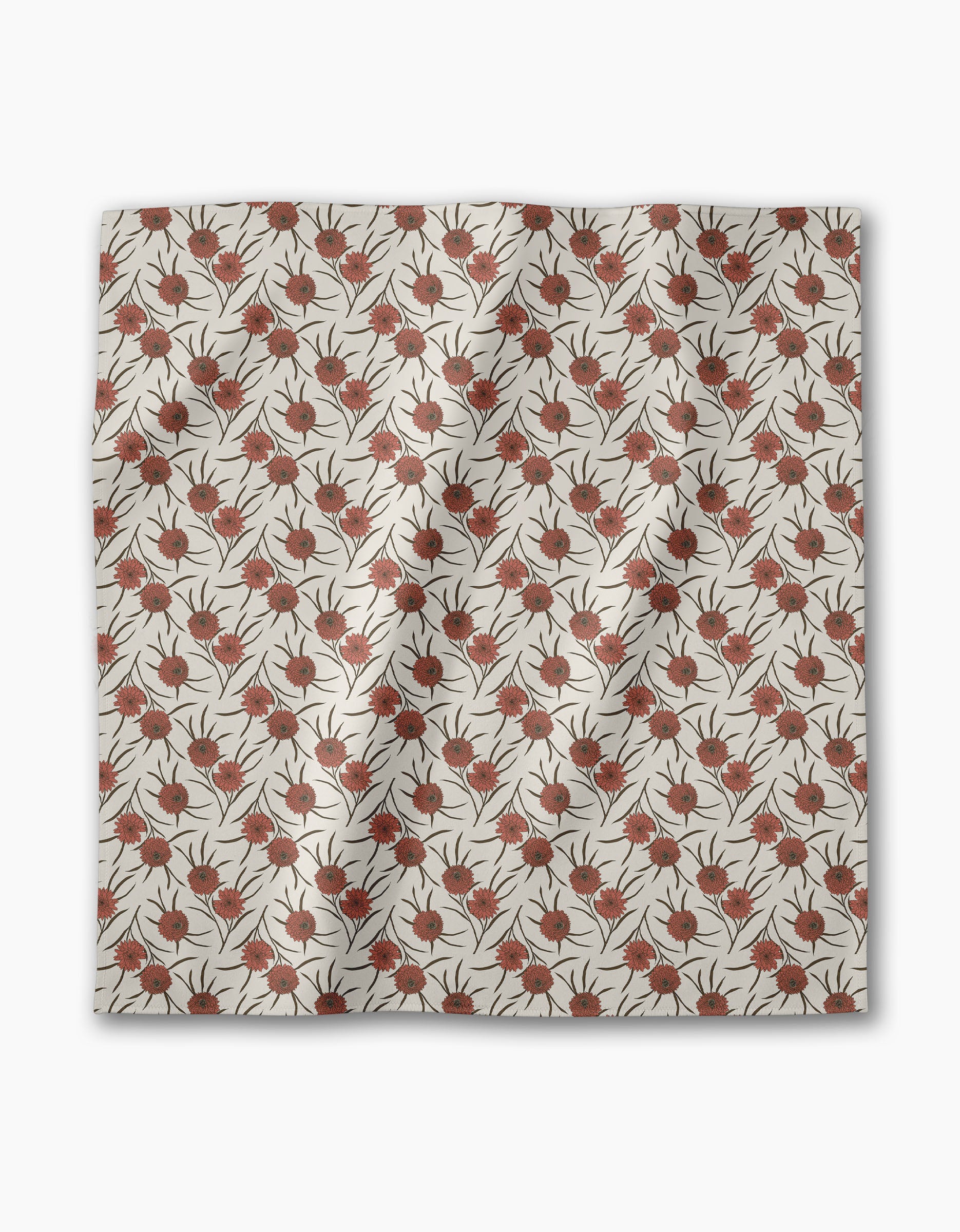 The Wild Dahlia dinner napkin set by Geometry features a square shape with a repeating pattern of red poppies and black stems on light beige. Made from recycled fabric, these reusable napkins offer gentle folds for subtle texture.