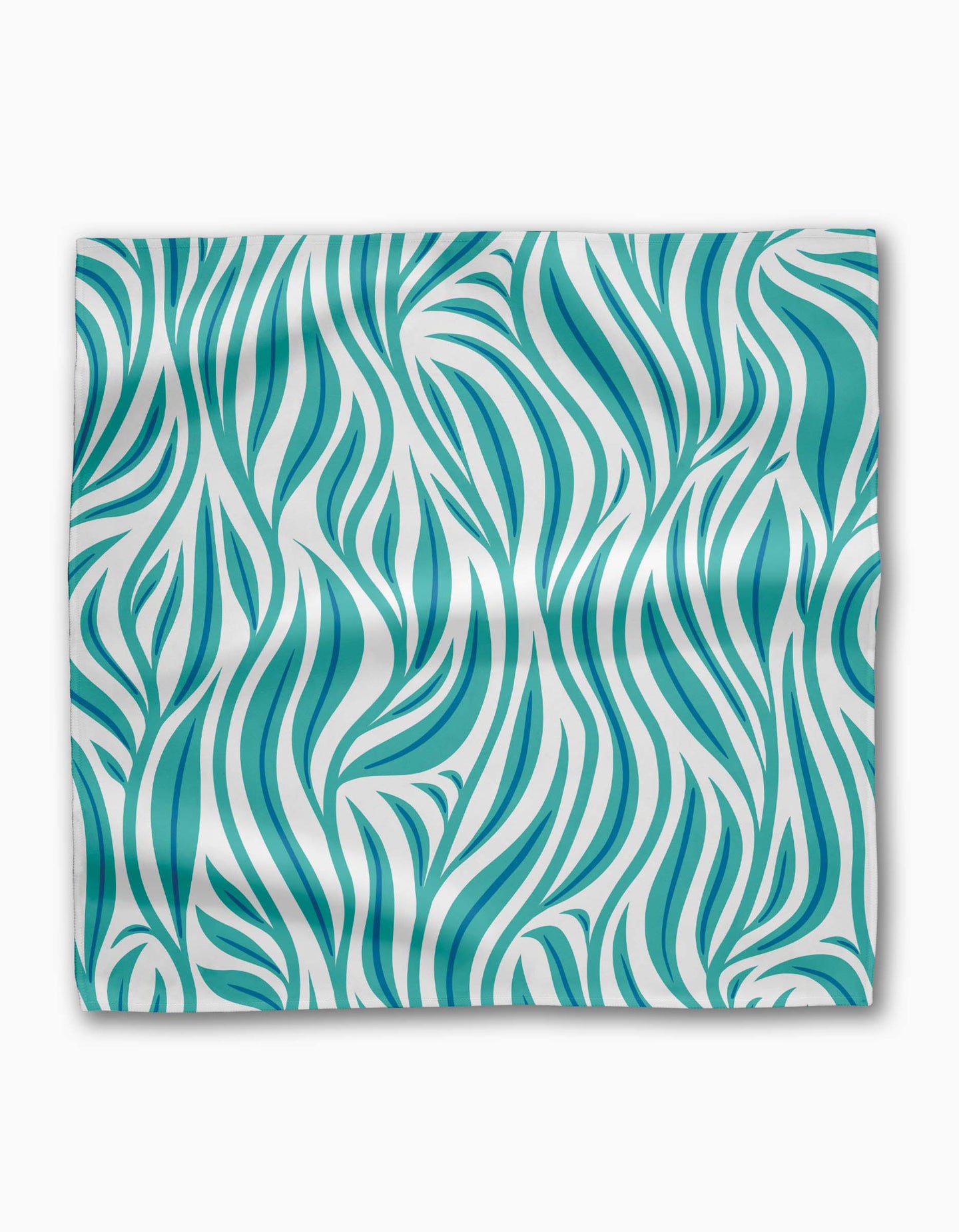 The Willow Wave by Rachel Parker is a rectangular Geosuede cloth featuring a teal and white abstract wavy pattern, resembling flowing leaves or strands, displayed flat on a white background with visible folds.