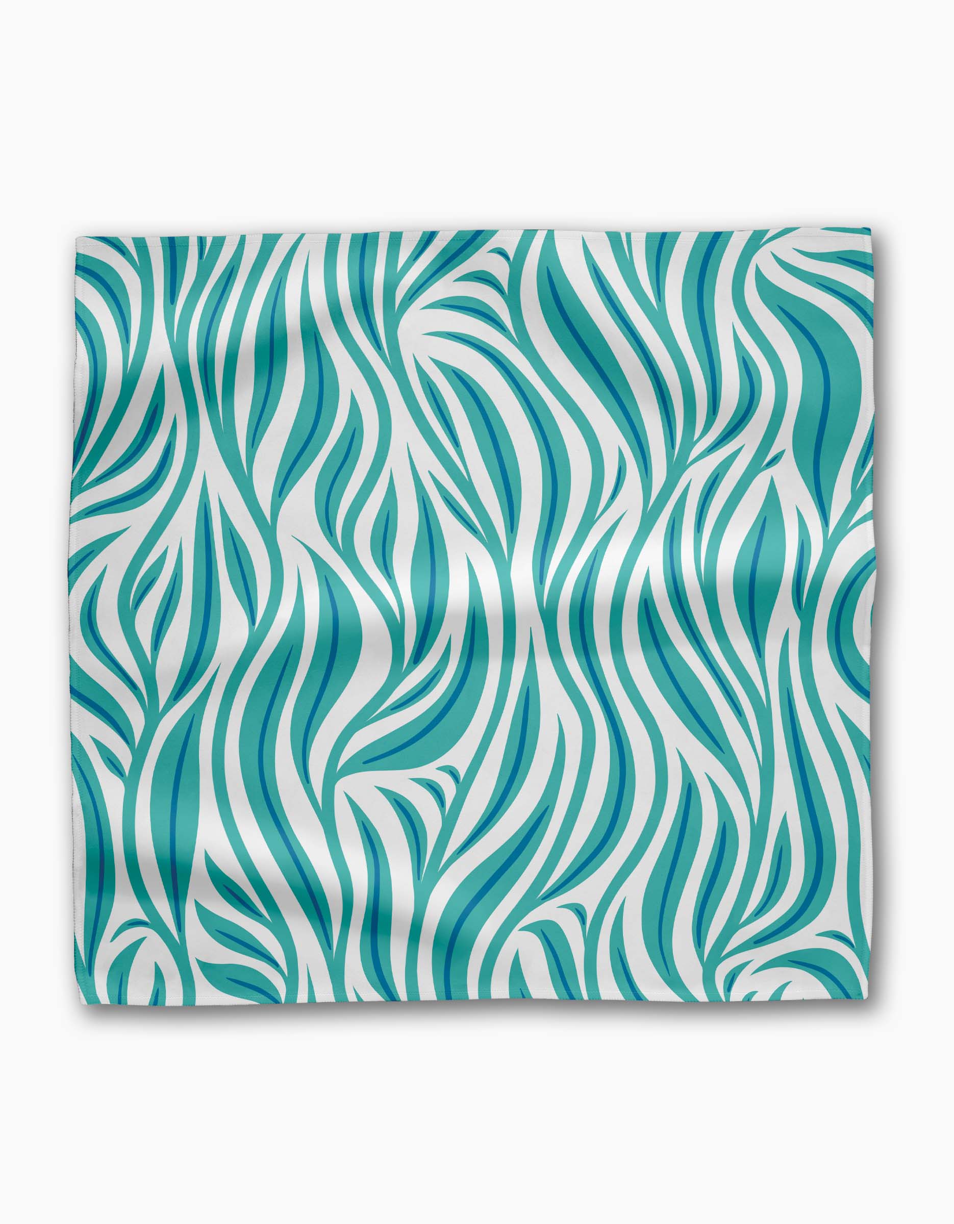 The Willow Wave by Rachel Parker is a rectangular Geosuede cloth featuring a teal and white abstract wavy pattern, resembling flowing leaves or strands, displayed flat on a white background with visible folds.