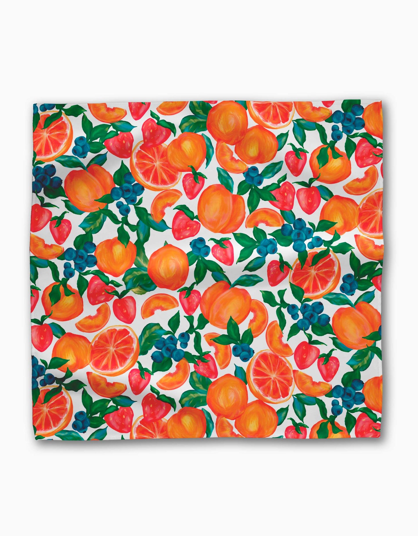 The Zesty Life dinner napkin set by Aubrey Fairchild features colorful painted oranges, strawberries, blueberries, and grapefruit slices on a white Geosuede fabric background.