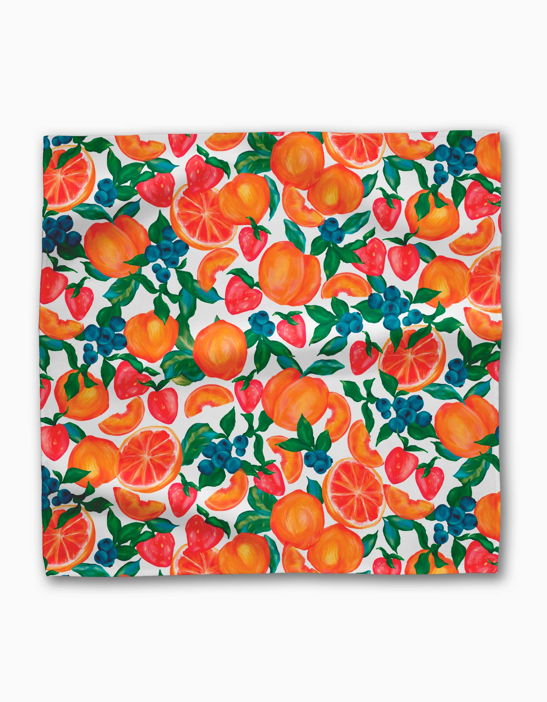 The Zesty Life dinner napkin set by Aubrey Fairchild features colorful painted oranges, strawberries, blueberries, and grapefruit slices on a white Geosuede fabric background.