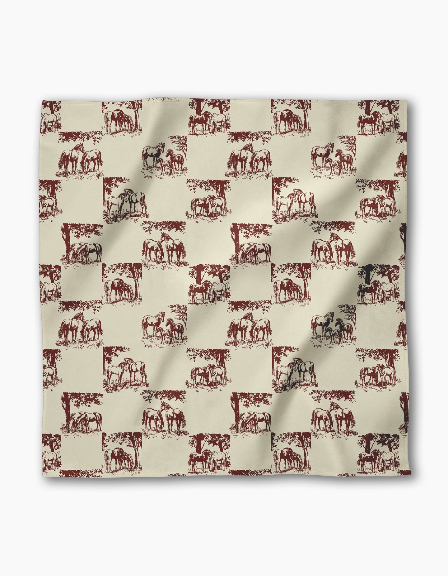 The Geometry Horse Check Cream fabric square features a repeating pattern of vintage-style horses in red and dark gray on a beige checkered background, adding charm to any reusable dinner napkin set.