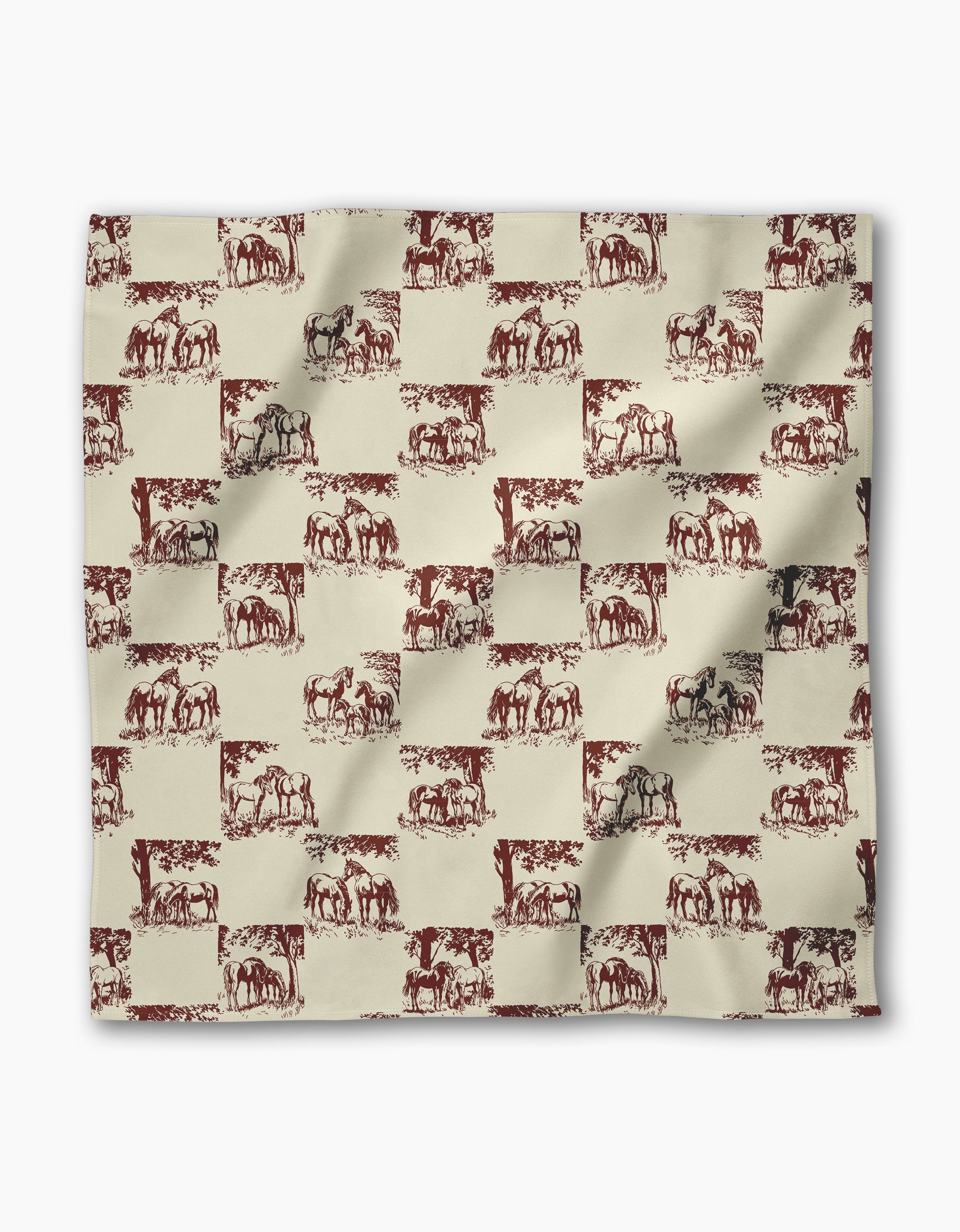 The Geometry Horse Check Cream fabric square features a repeating pattern of vintage-style horses in red and dark gray on a beige checkered background, adding charm to any reusable dinner napkin set.