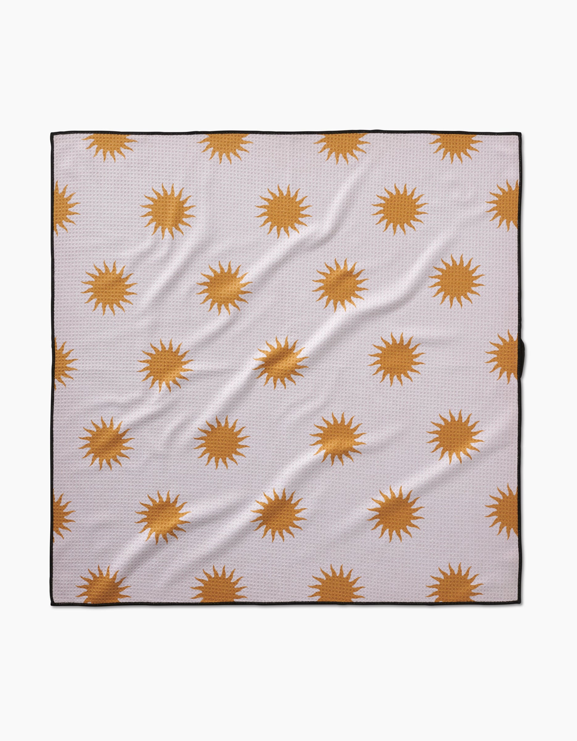 The Geometry Feeling Sunny Dog Towel is a square, highly absorbent, quick-drying blanket with a white background and evenly spaced orange sun patterns, finished with a thin black border.