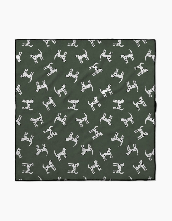 The Coit Creative Dalmation Dogs square green dog towel features a playful white Dalmatian pattern, is highly absorbent and quick drying—perfect for keeping your pup clean and dry.