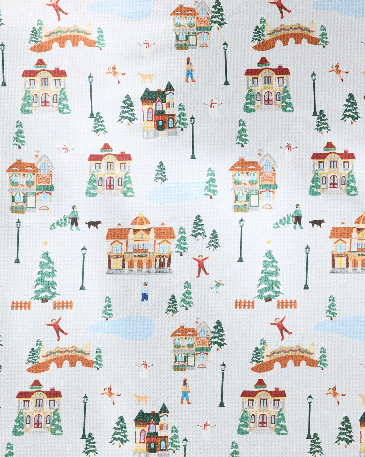 Holiday Nostalgia by Geometry features a whimsical pattern of houses, trees, people, dogs, and lamp posts on a lightly textured background, capturing the cheerful ambiance of a winter village with scattered snow and playful outdoor activities. Crafted from recycled materials and designed for high absorbency, this delightful dog towel perfectly blends charm with practicality.
