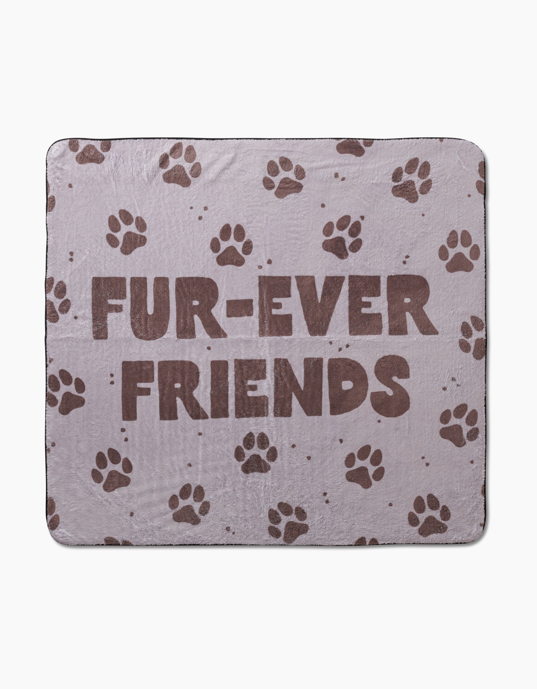 The Geometry Fur Ever Friends Plush Dog Towel is light brown with dark brown paw prints and FUR-EVER FRIENDS in bold. Made from ultra-absorbent recycled materials, it offers comfort and sustainability.