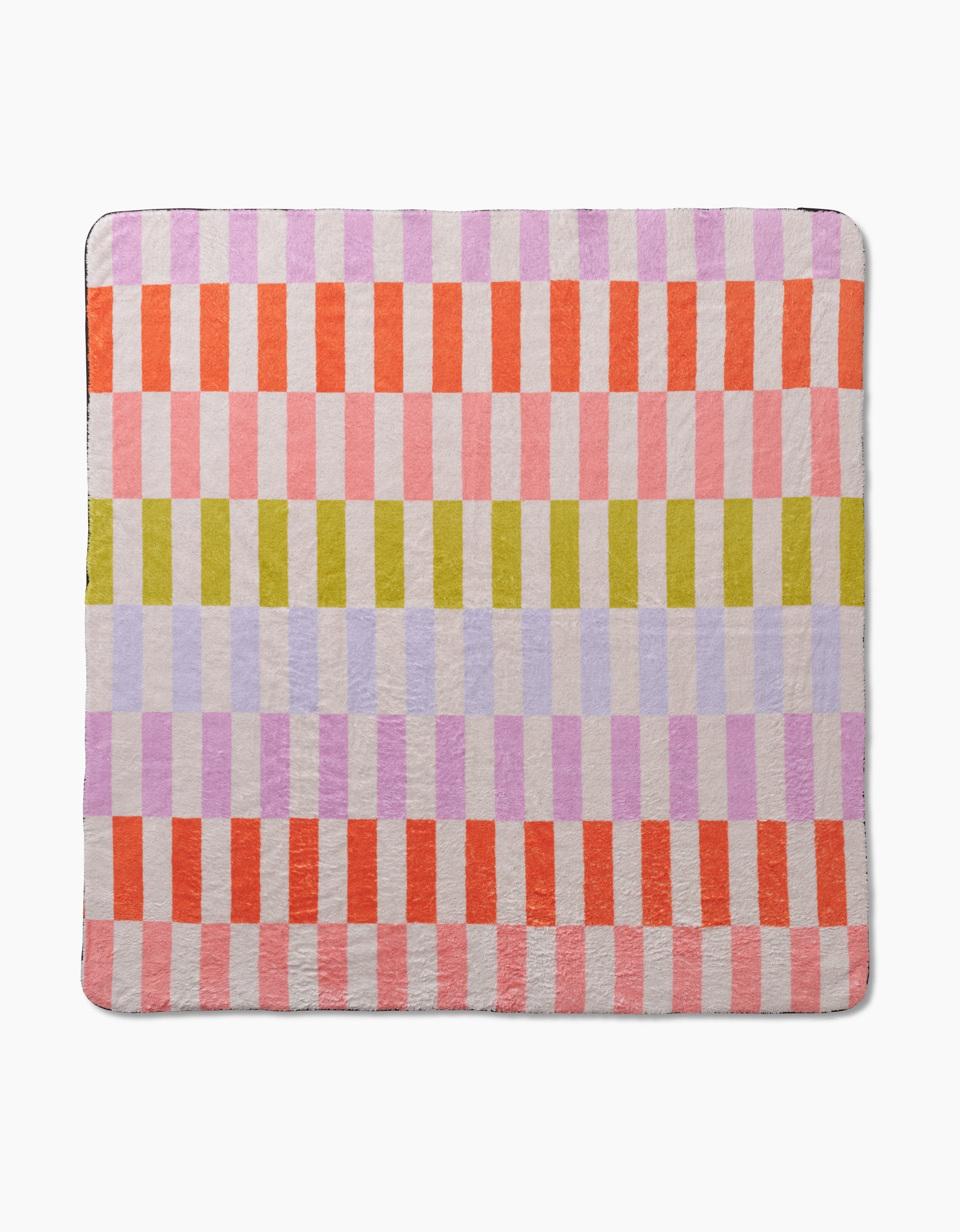 The Geometry Wag Wise is a square blanket with a checkered pattern of red, pink, light purple, and olive green stripes on white, crafted from ultra-absorbent recycled materials.