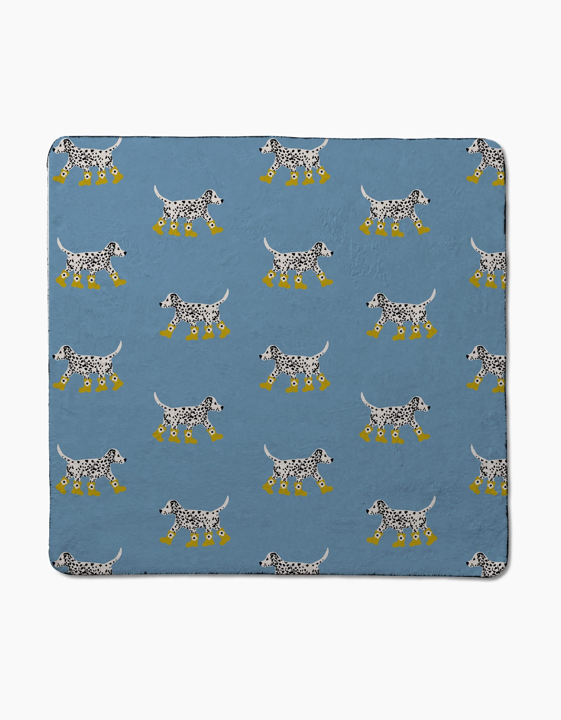 The Geometry Dalmatian In Boots Blue blanket features a pattern of black-and-white dogs in yellow boots, crafted from ultra-absorbent recycled materials.