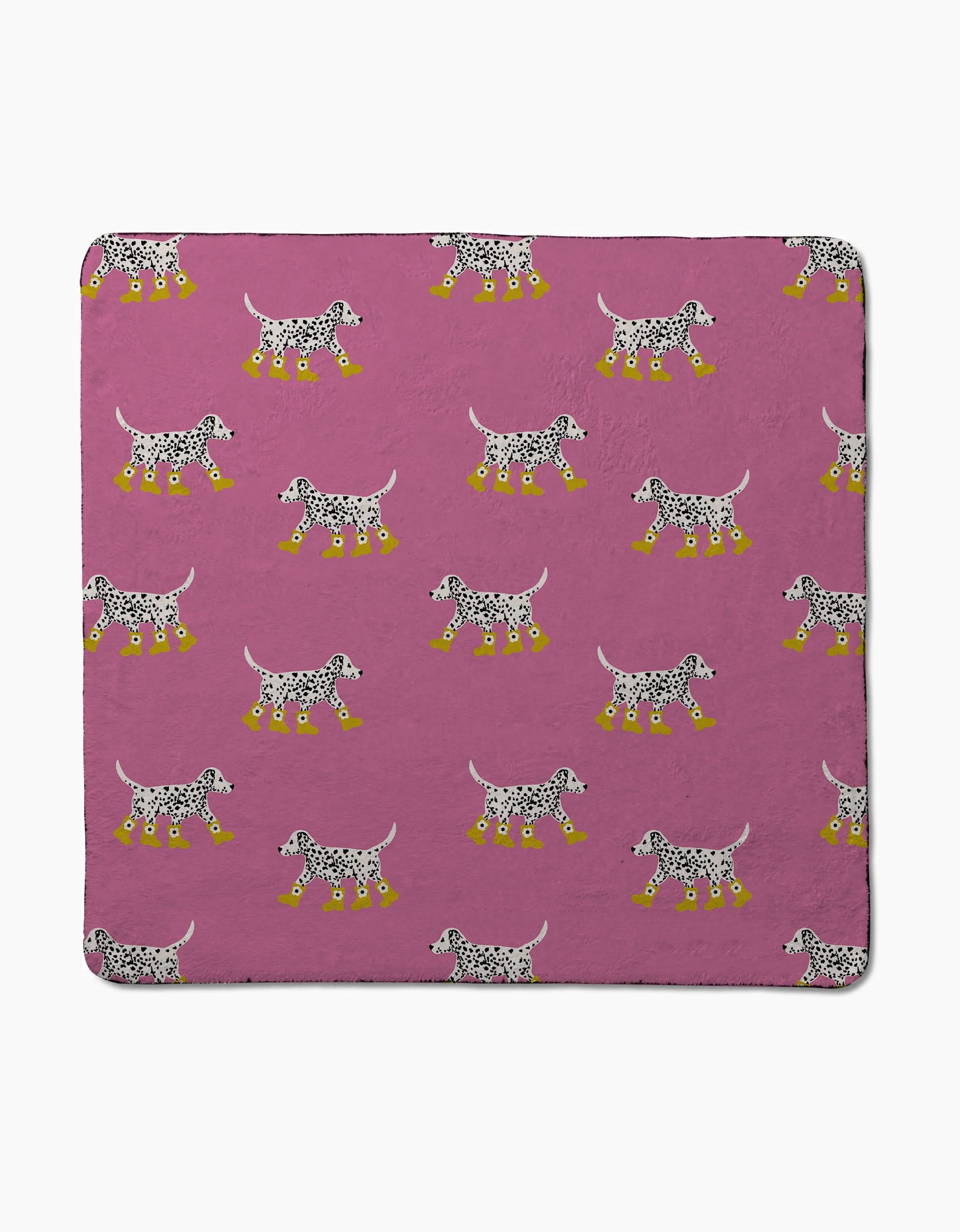 The Geometry Dalmatian In Boots Pink blanket showcases a repeating cartoon dalmatian pattern with yellow boots, made from ultra-absorbent, eco-friendly dog towel material for extra comfort.