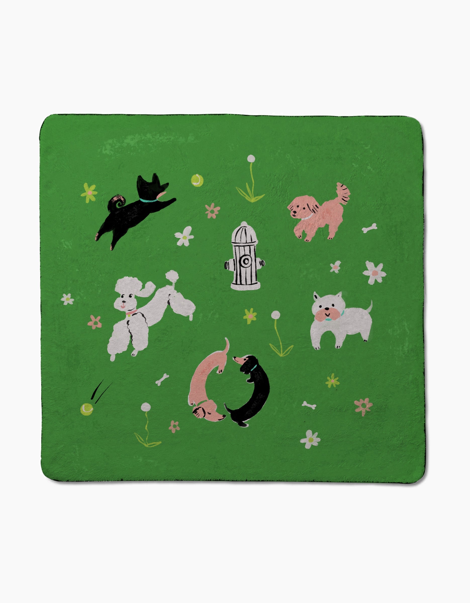 Dogpark by Louise Pretzel features six playful dogs of various breeds and colors, along with a fire hydrant, flowers, bones, tennis balls, and a plush dog towel on a green square background for extra coziness.