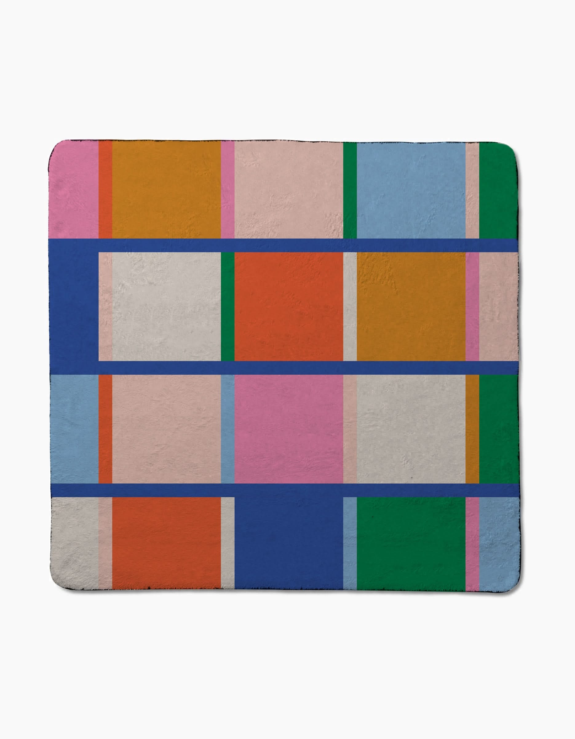 Grid by Jennifer Bouron is a rectangular, ultra-absorbent blanket with a geometric pattern of colorful rectangles and squares—orange, pink, blue, green, and gray—outlined by bold blue and purple lines.