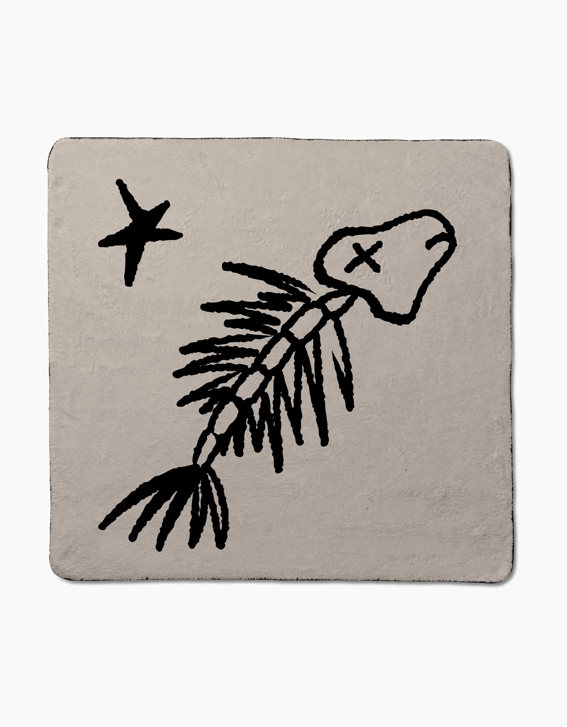 Last Catch by Cole Strem features a simple black fish skeleton with an X for an eye and a small star above it, set against a plain beige background—art reminiscent of recycled material designs.