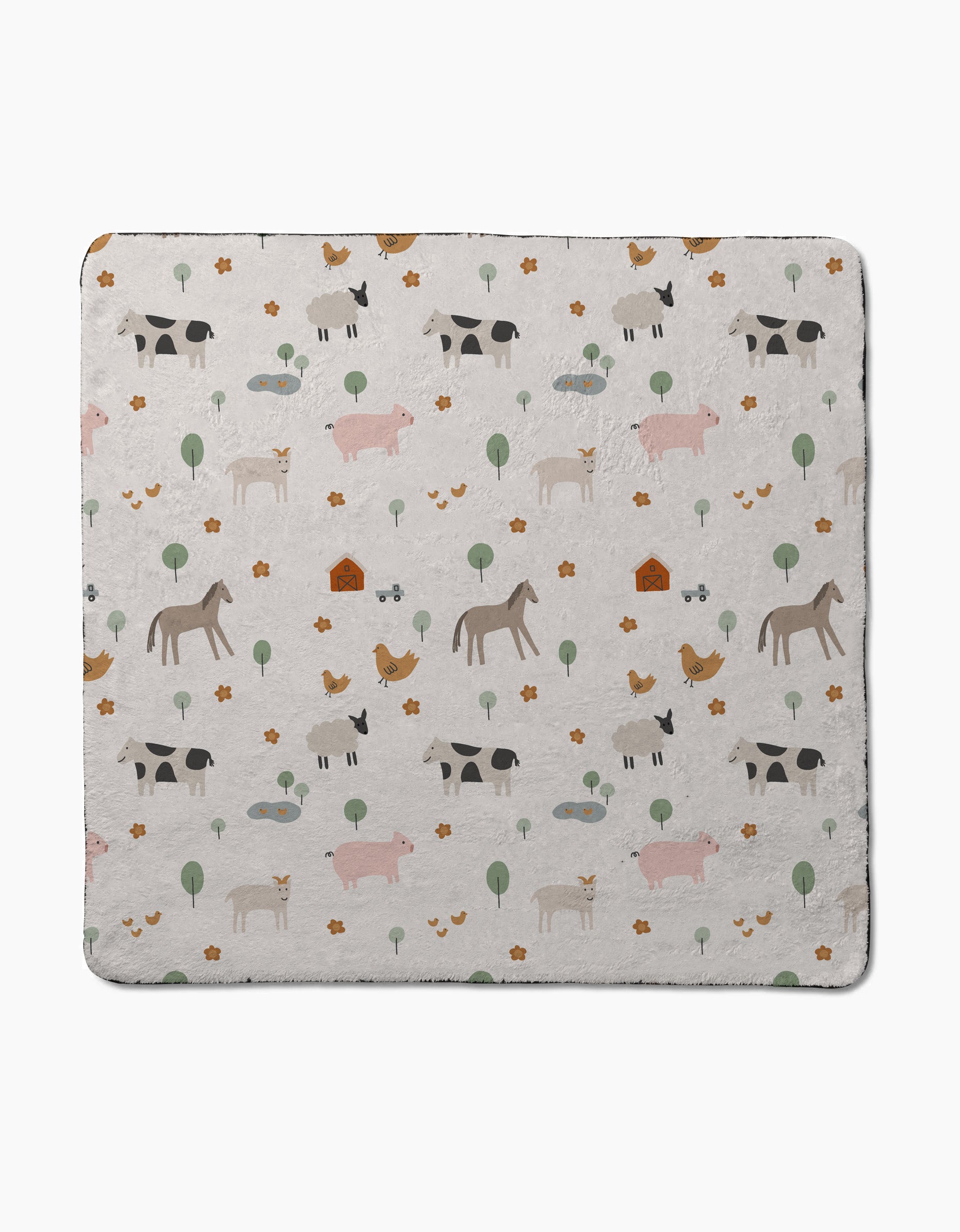 The Coit Creative Light Farm Animals blanket features a charming pattern of farm animals, trees, flowers, and dog houses on a light background, designed in the cozy style of a plush dog towel.