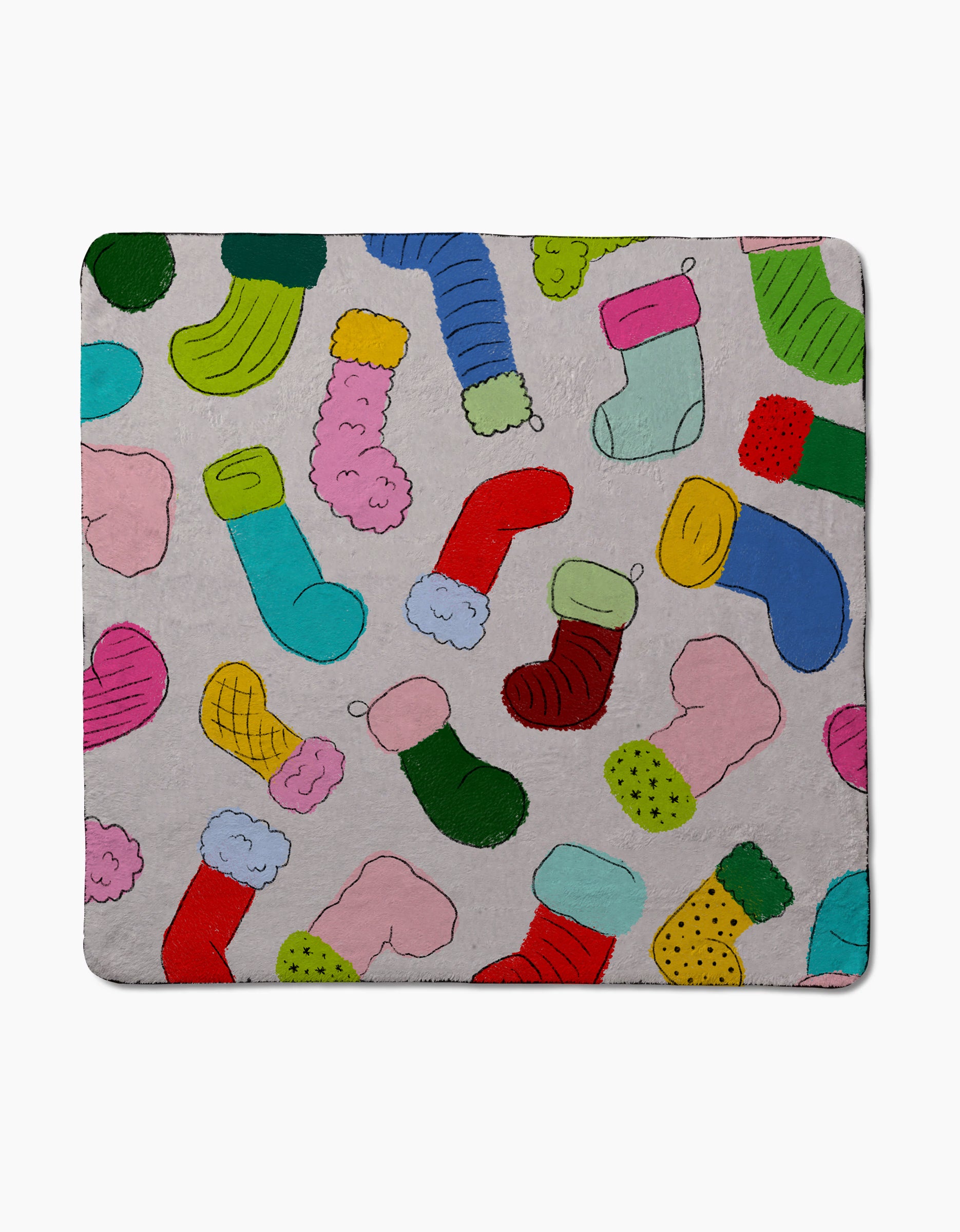 The Geometry Silly Stockings blanket features a playful pattern of colorful Christmas stockings on light gray and is made from ultra-absorbent dog towel material for cozy comfort.