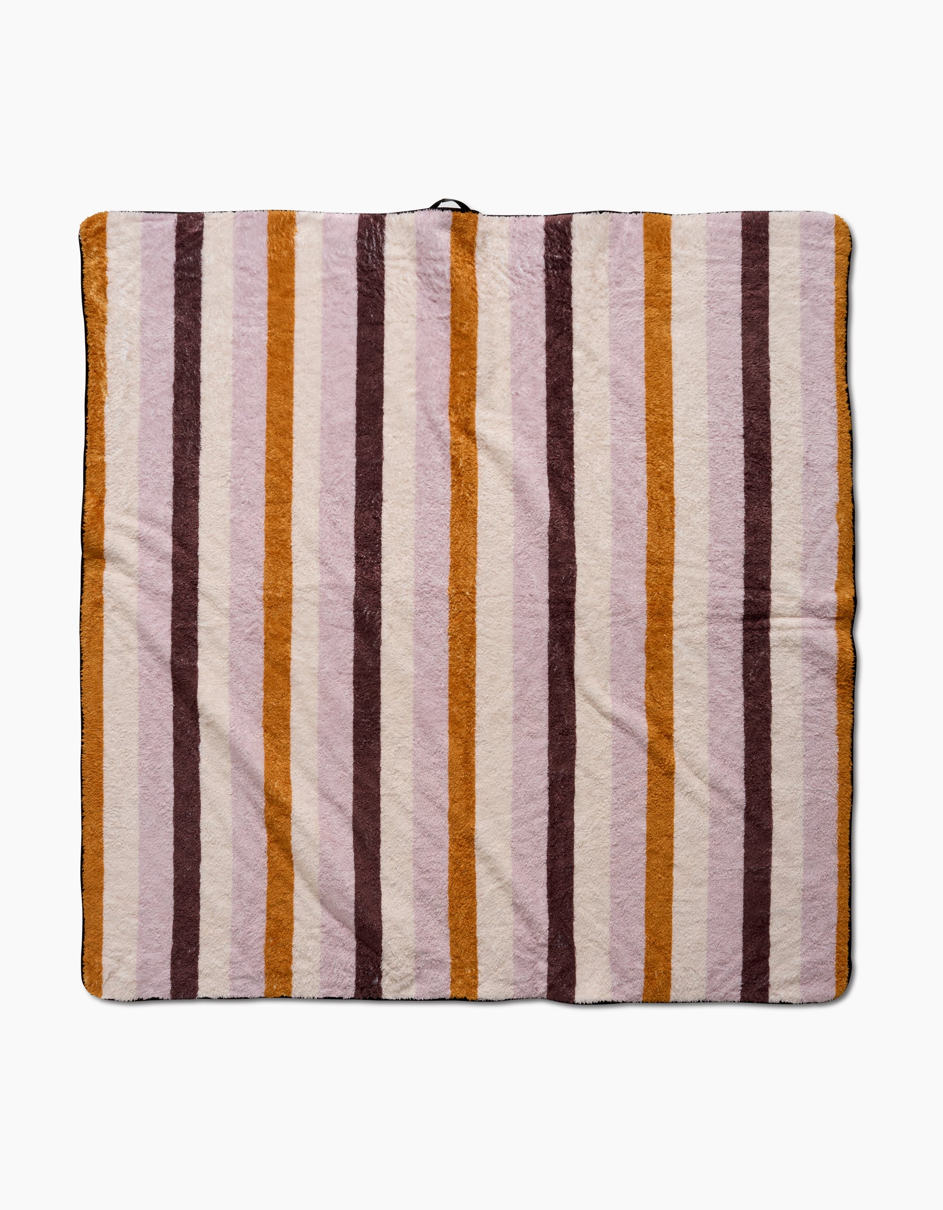The Megan Roy Squirrels Stripe dog towel features a soft, ultra-absorbent square design with vertical brown, orange, and beige stripes on white, shown laid flat on a plain white surface.