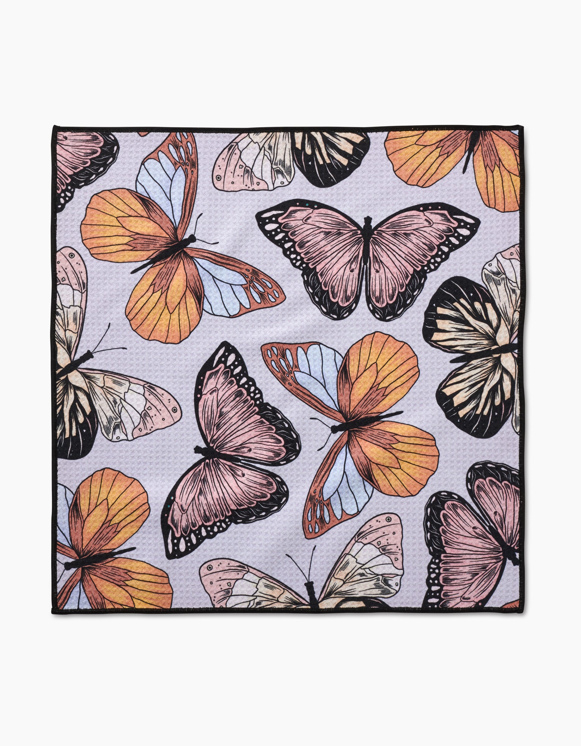 The Geometry Cute Butterflies Paw Towel features a square design with colorful butterflies in orange, pink, cream, and black on light purple Geoweave fabric—ultra-absorbent for style and function.