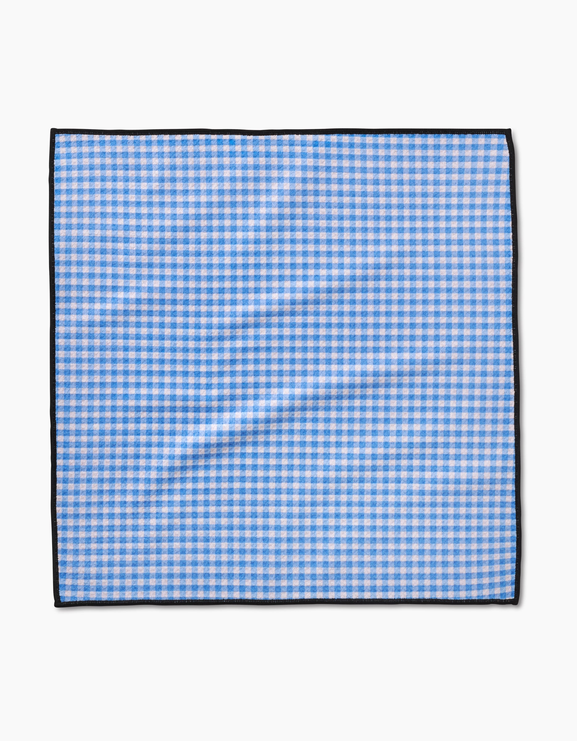 The Geometry Dog Delight Paw Towel features a blue and white gingham pattern, a black border, and is crafted from ultra-absorbent Geoweave fabric. It is shown laid flat on a white background.