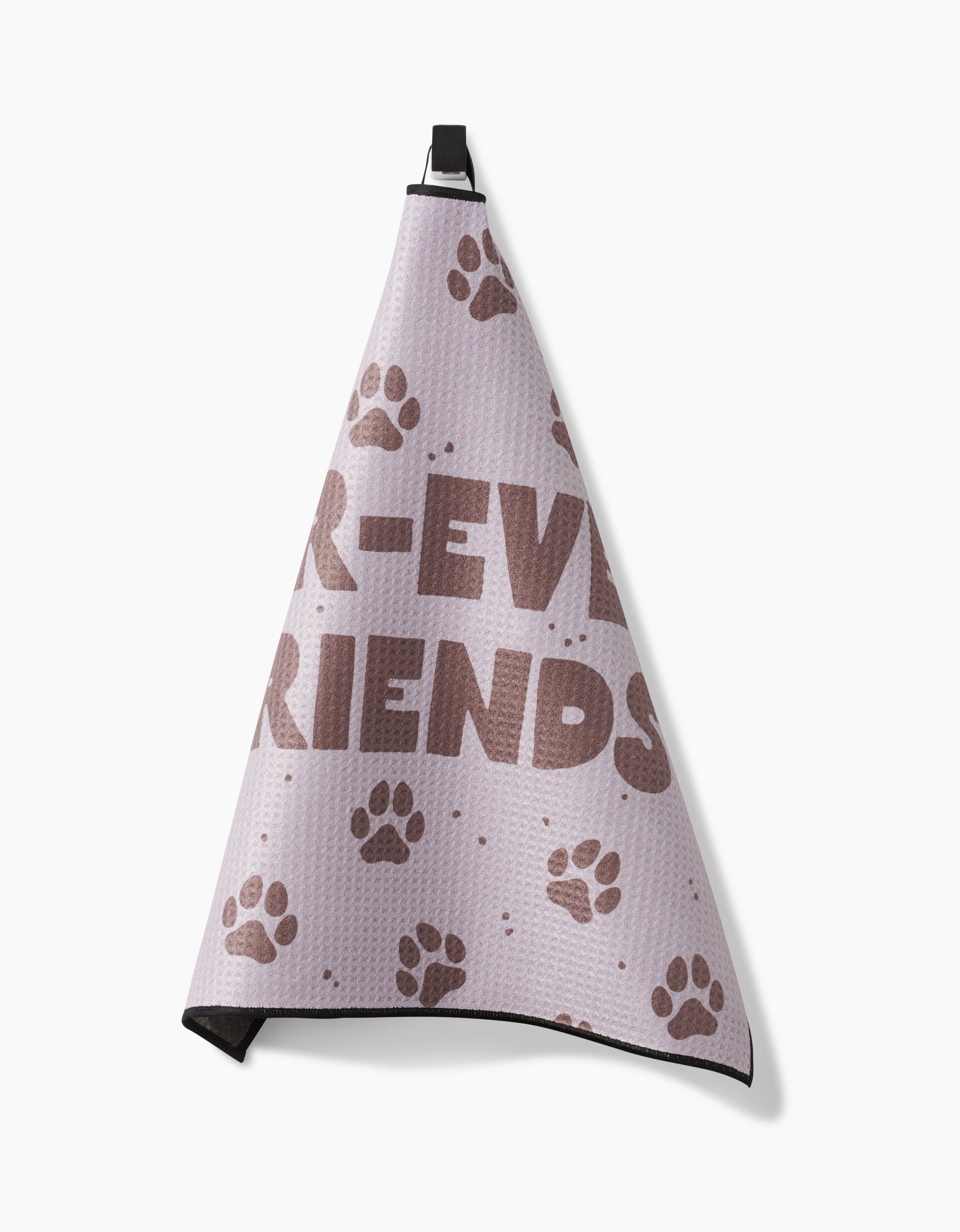 A light purple Geometry Fur Ever Friends Paw Towel with brown paw prints and partial -EVER FRIENDS text, made from ultra-absorbency Geoweave fabric, hangs from a black loop against a white background.