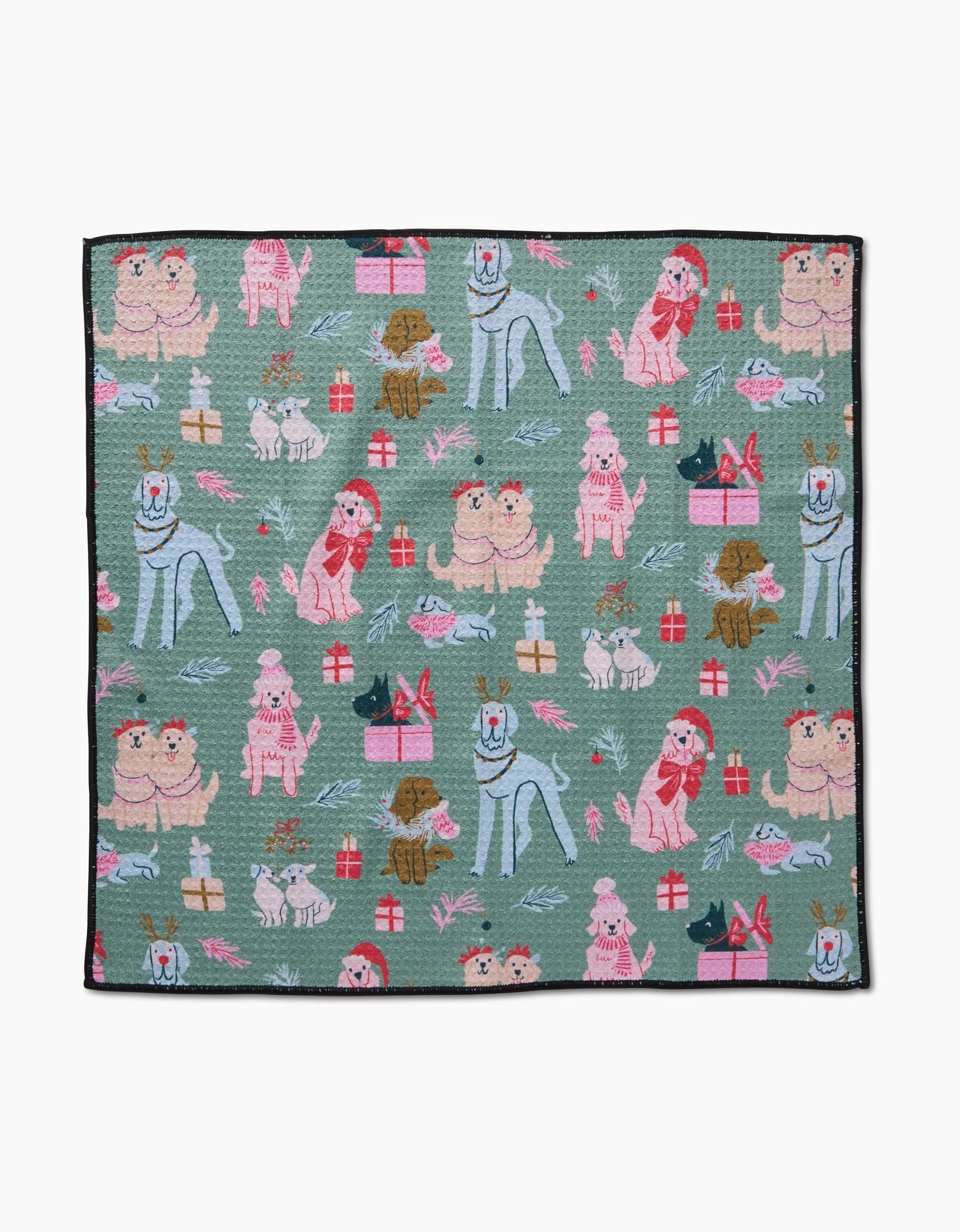 The Christmas Doggos towel by Janna Sue Design is a green, ultra-absorbent pet towel with illustrated dogs in scarves, festive gifts, holly leaves, and decorations—an ideal cozy accessory for your dog this holiday season.